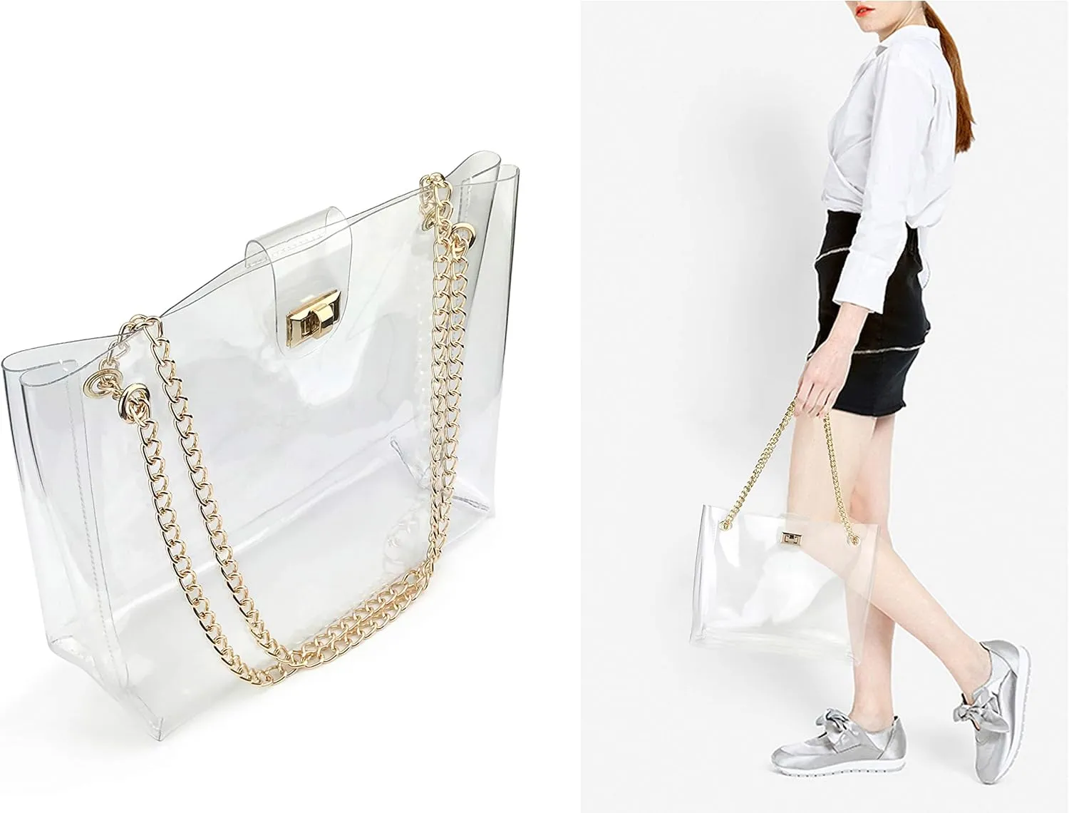 Multifunction Clear Chain Tote with Turn Lock Womens Shoulder Handbag