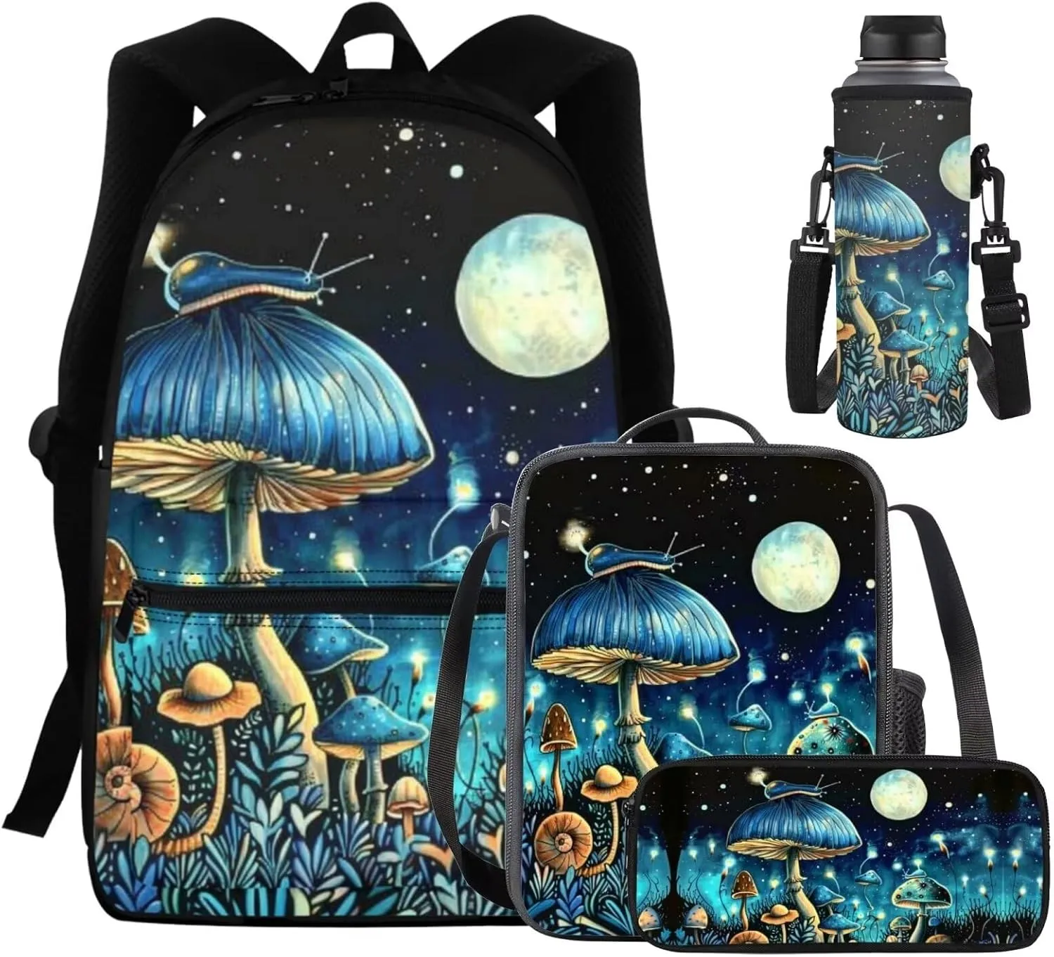 Mushroom Cute Backpacks for Teen Girls Middle School Lightweight School Messenger Bag for Teens Keep Warm Lunch Bag with Pencil Case and Water Cup Protector for Picnic