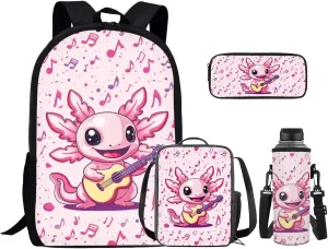 Musical Axolotl Backpack Set for Girls School Backpacks 4 Pcs Set Cute Bookbags for 5th Grade Girls Elementary School Bag with Lunchbox Pencil Case Water Bottle Sleeve for Students