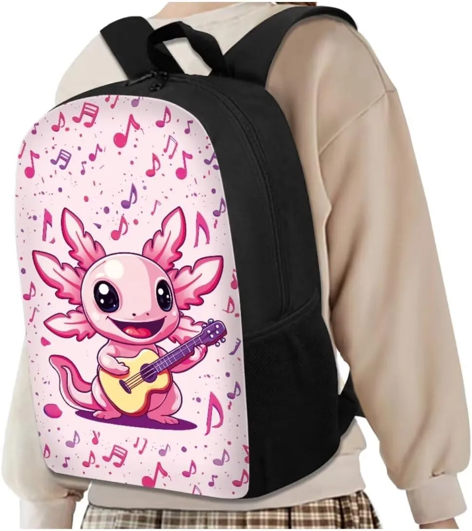 Musical Axolotl Backpack Set for Girls School Backpacks 4 Pcs Set Cute Bookbags for 5th Grade Girls Elementary School Bag with Lunchbox Pencil Case Water Bottle Sleeve for Students