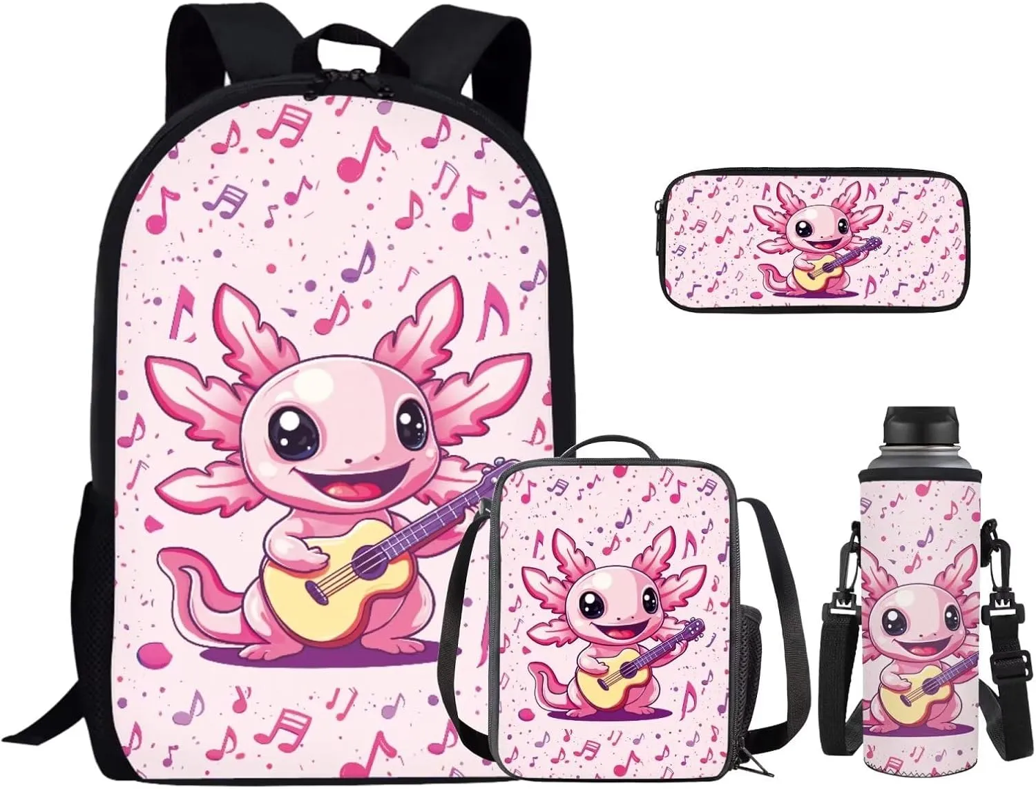 Musical Axolotl Backpack Set for Girls School Backpacks 4 Pcs Set Cute Bookbags for 5th Grade Girls Elementary School Bag with Lunchbox Pencil Case Water Bottle Sleeve for Students