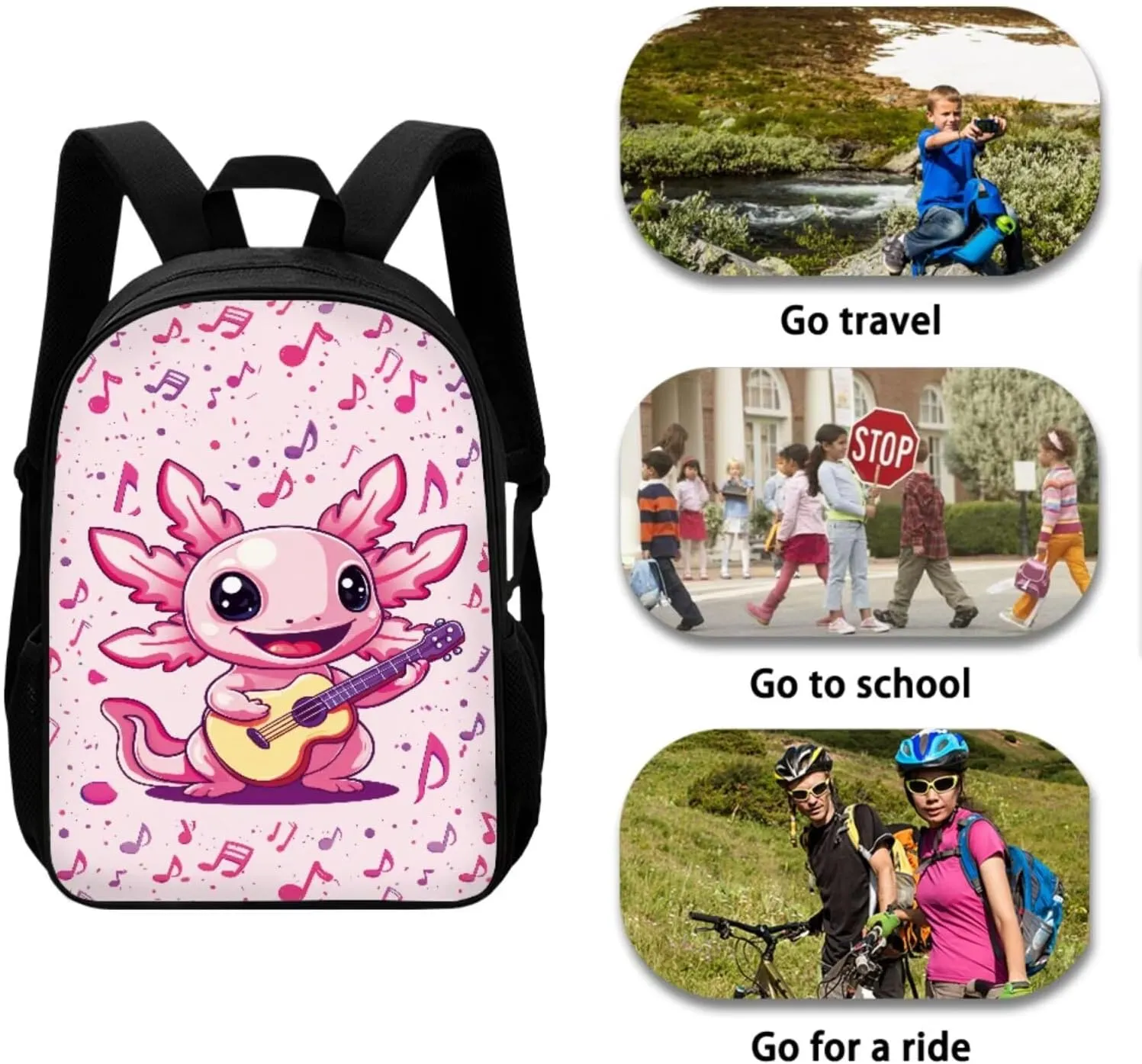 Musical Axolotl Backpack Set for Girls School Backpacks 4 Pcs Set Cute Bookbags for 5th Grade Girls Elementary School Bag with Lunchbox Pencil Case Water Bottle Sleeve for Students