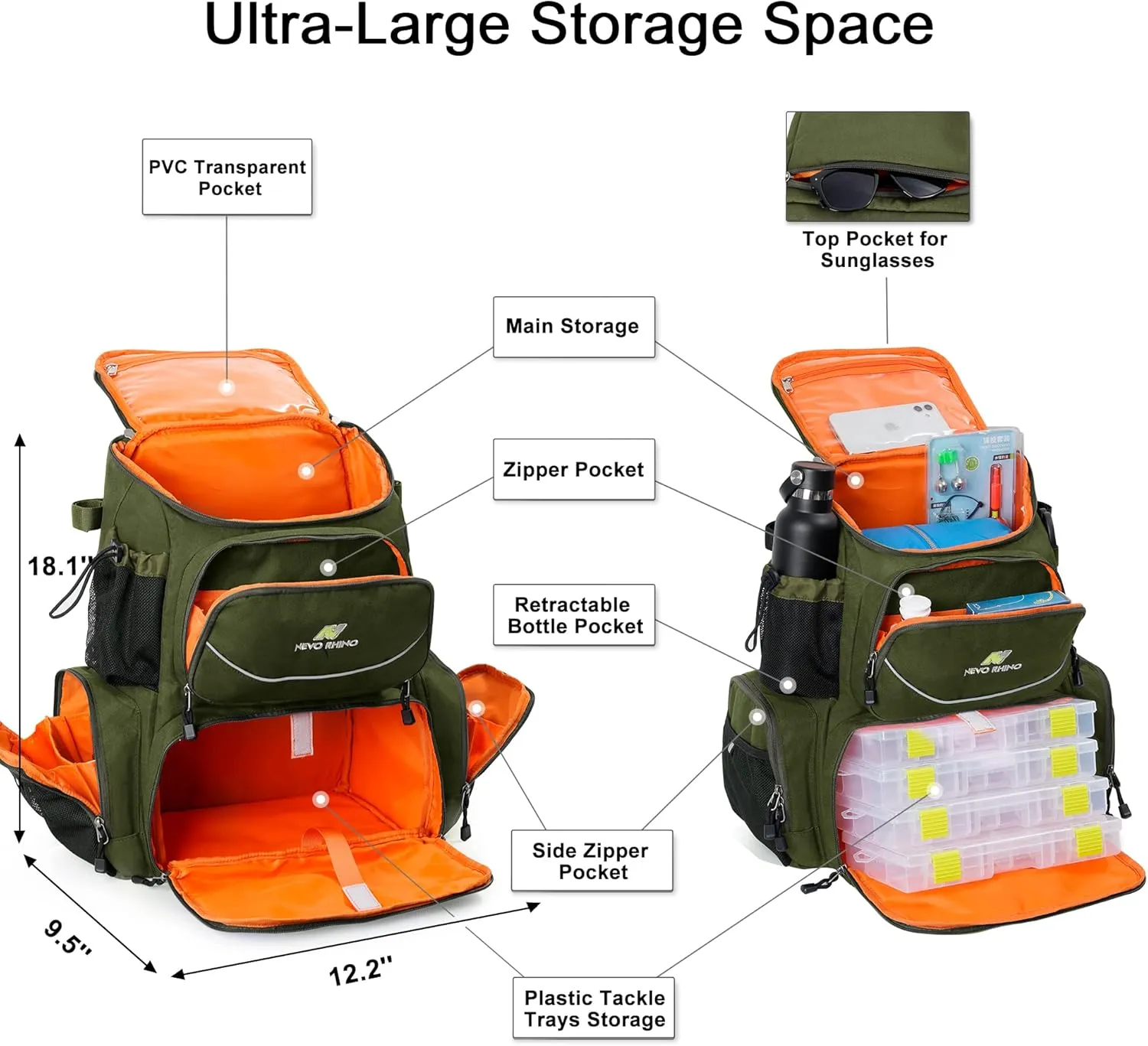 N NEVO RHINO 40L Fishing Tackle Backpack: Contains 4 Tackle Boxes, Rod Holders, Waterproof Rain Cover, High-performance,Multi-pocket, Large-capacity and Sturdy Fishing Backpack