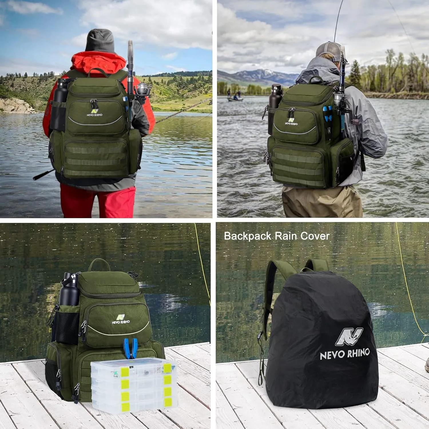 N NEVO RHINO 40L Fishing Tackle Backpack: Contains 4 Tackle Boxes, Rod Holders, Waterproof Rain Cover, High-performance,Multi-pocket, Large-capacity and Sturdy Fishing Backpack