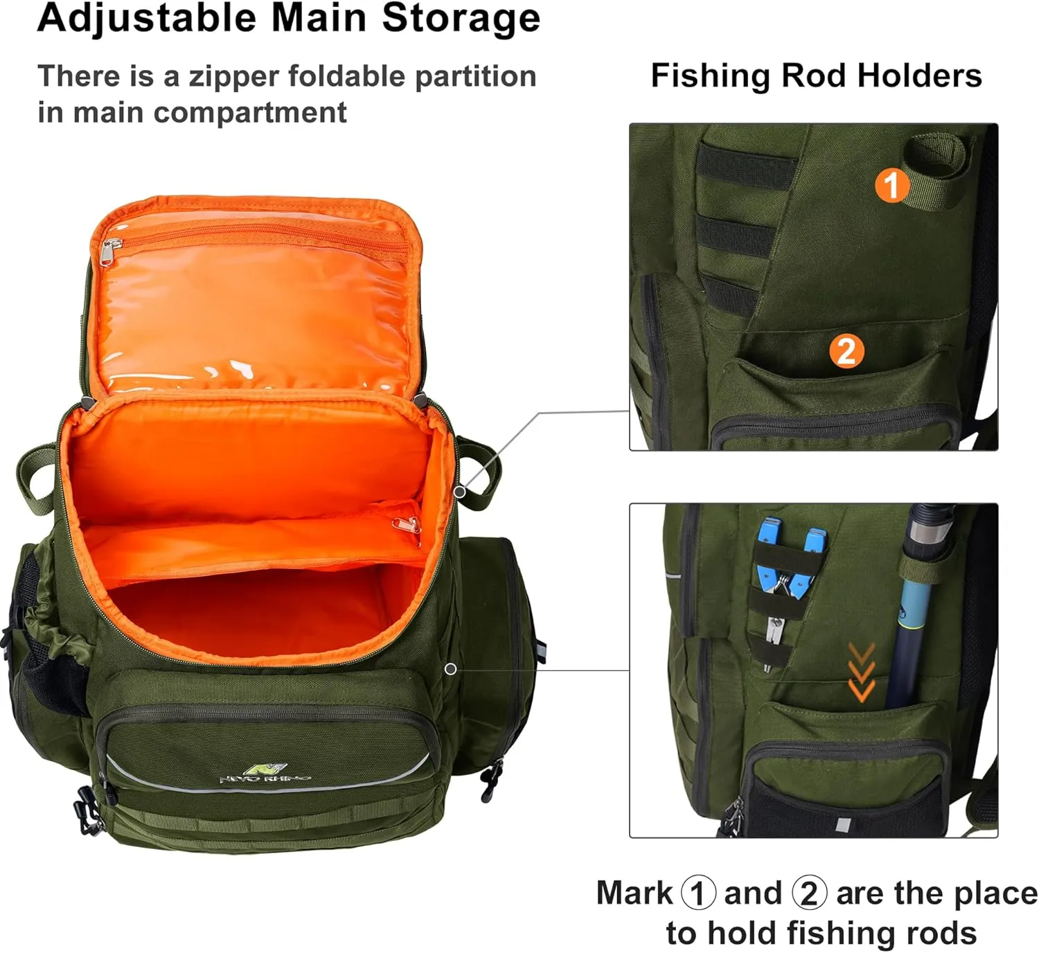 N NEVO RHINO 40L Fishing Tackle Backpack: Contains 4 Tackle Boxes, Rod Holders, Waterproof Rain Cover, High-performance,Multi-pocket, Large-capacity and Sturdy Fishing Backpack