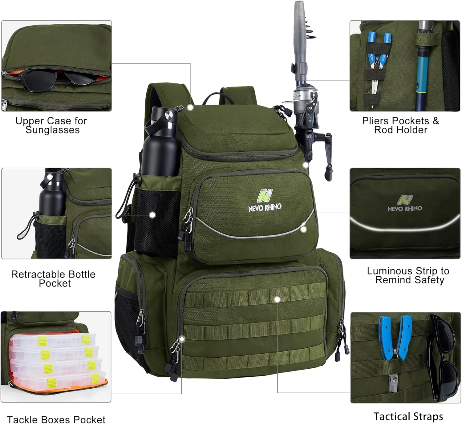 N NEVO RHINO 40L Fishing Tackle Backpack: Contains 4 Tackle Boxes, Rod Holders, Waterproof Rain Cover, High-performance,Multi-pocket, Large-capacity and Sturdy Fishing Backpack