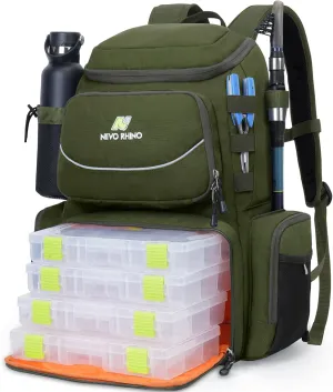 N NEVO RHINO 40L Fishing Tackle Backpack: Contains 4 Tackle Boxes, Rod Holders, Waterproof Rain Cover, High-performance,Multi-pocket, Large-capacity and Sturdy Fishing Backpack