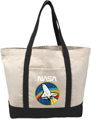 NASA Retro Shuttle Emblem Tote Bag With External Pocket, Reusable Shoulder Bag for Shopping, Beach, Royal Collection