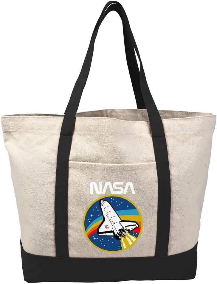 NASA Retro Shuttle Emblem Tote Bag With External Pocket, Reusable Shoulder Bag for Shopping, Beach, Royal Collection