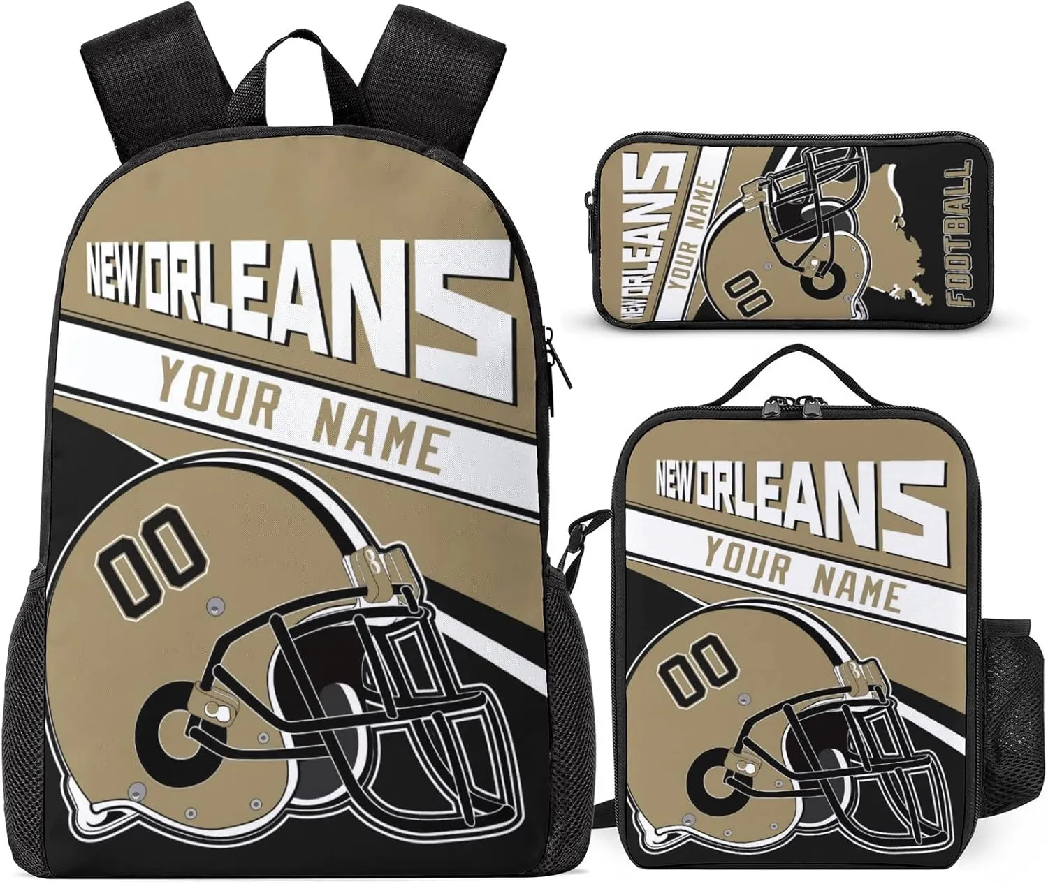 New Orleans Custom Football Backpack 3 Piece Set Add Your Name And Nume School Bag with Lunch Box and Pen Case Set Gift for Boys Girls