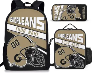 New Orleans Custom Football Backpack 3 Piece Set Add Your Name And Nume School Bag with Lunch Box and Pen Case Set Gift for Boys Girls