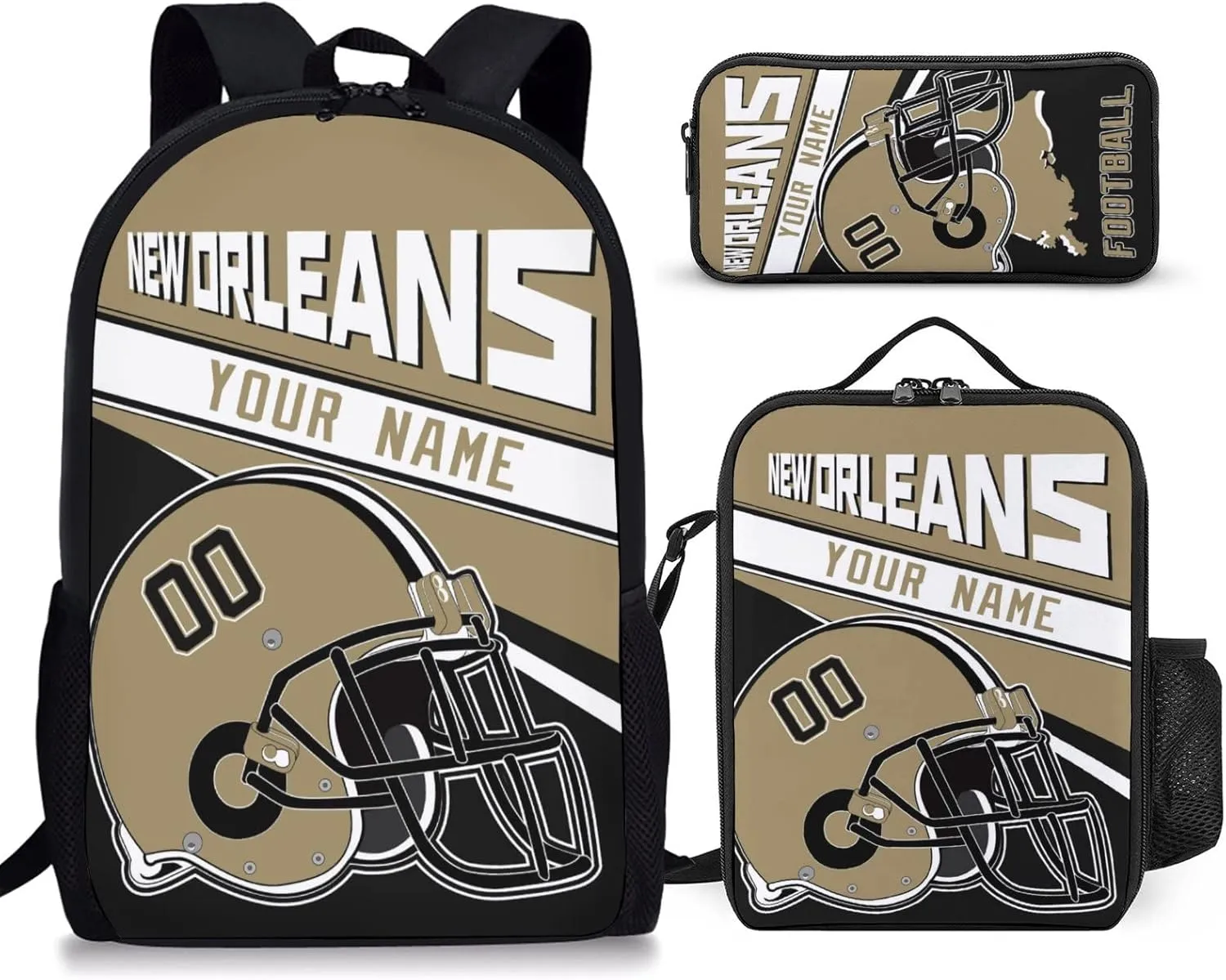 New Orleans Custom Football Backpack 3 Piece Set Add Your Name And Nume School Bag with Lunch Box and Pen Case Set Gift for Boys Girls