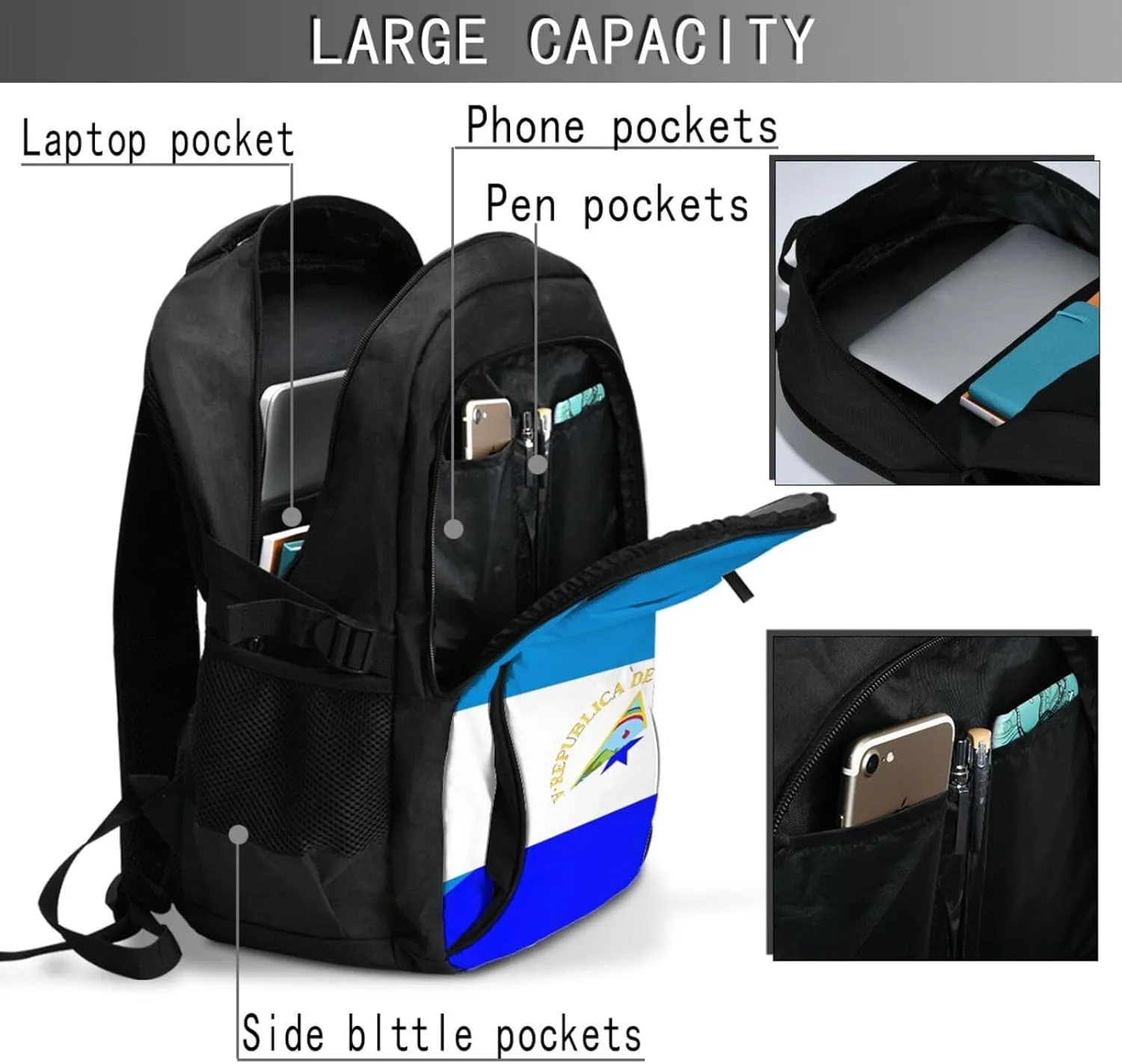 Nicaragua Honduras Flag Business Laptop Backpack Travel Backpacks Outdoor Rucksack Large Bag Daypack with USB Charging Port Multi-Pocket for Hiking Camping