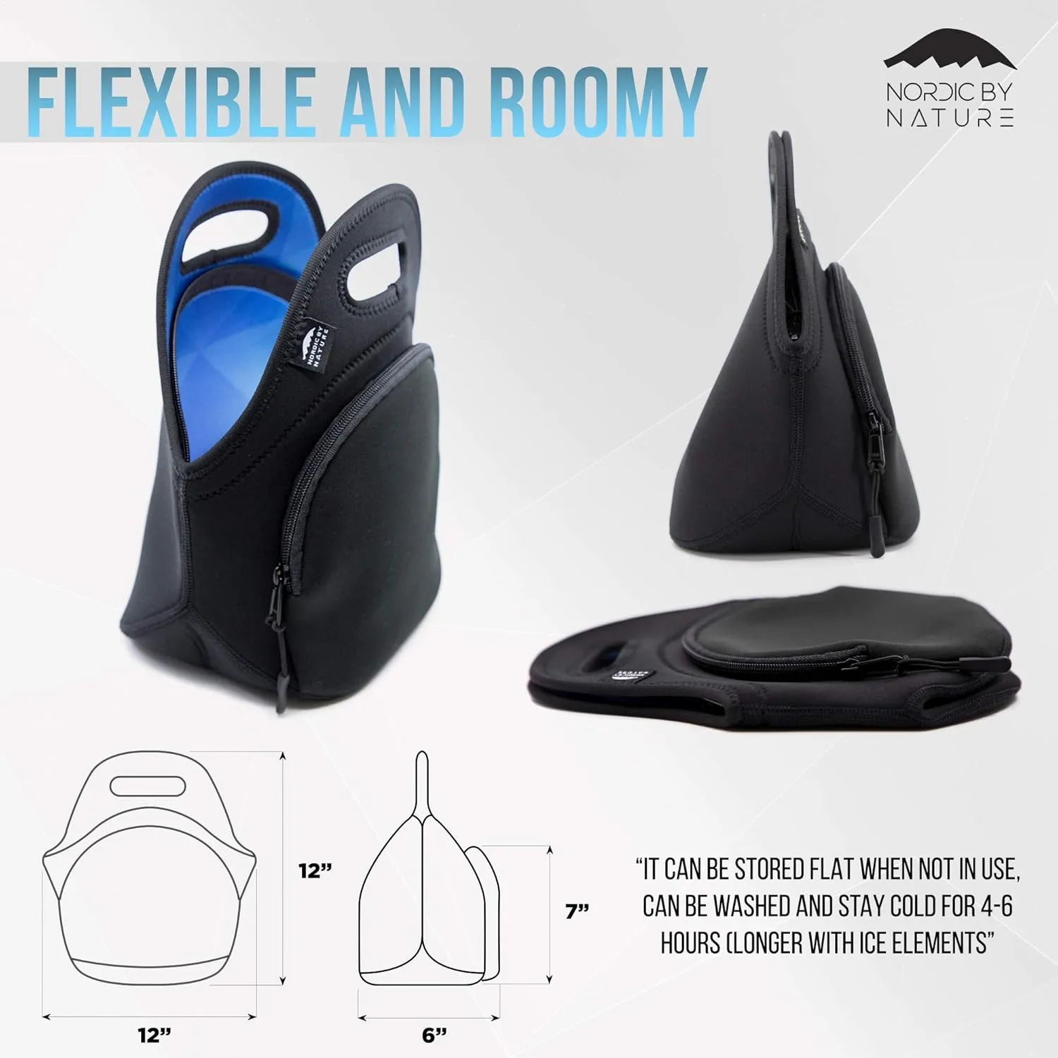 Nordic By Nature Neoprene Lunch Bag, Extra Side Pocket, Thick Insulated Tote With Bottle Sleeve, Flexible & Durable (blue Ocean)