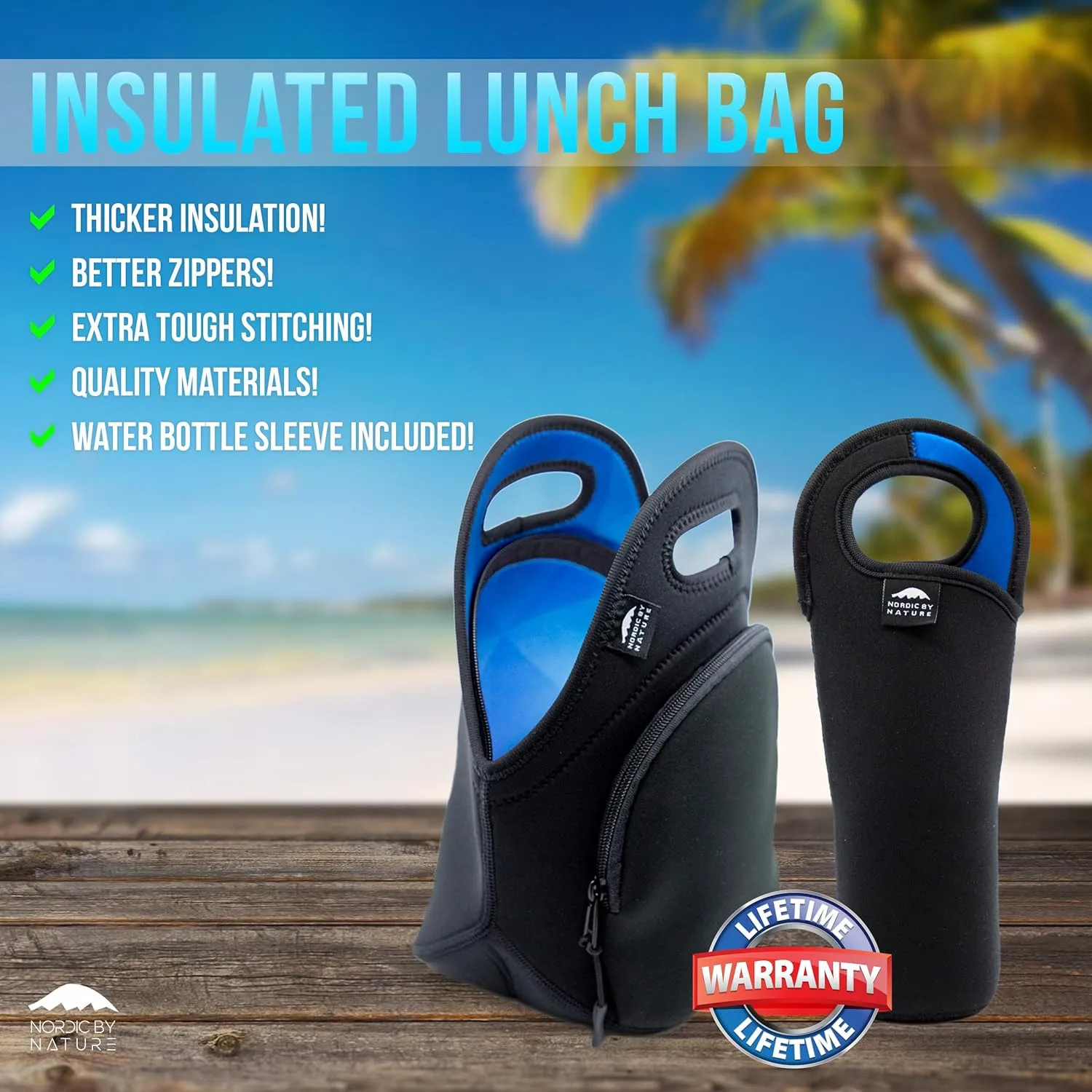 Nordic By Nature Neoprene Lunch Bag, Extra Side Pocket, Thick Insulated Tote With Bottle Sleeve, Flexible & Durable (blue Ocean)