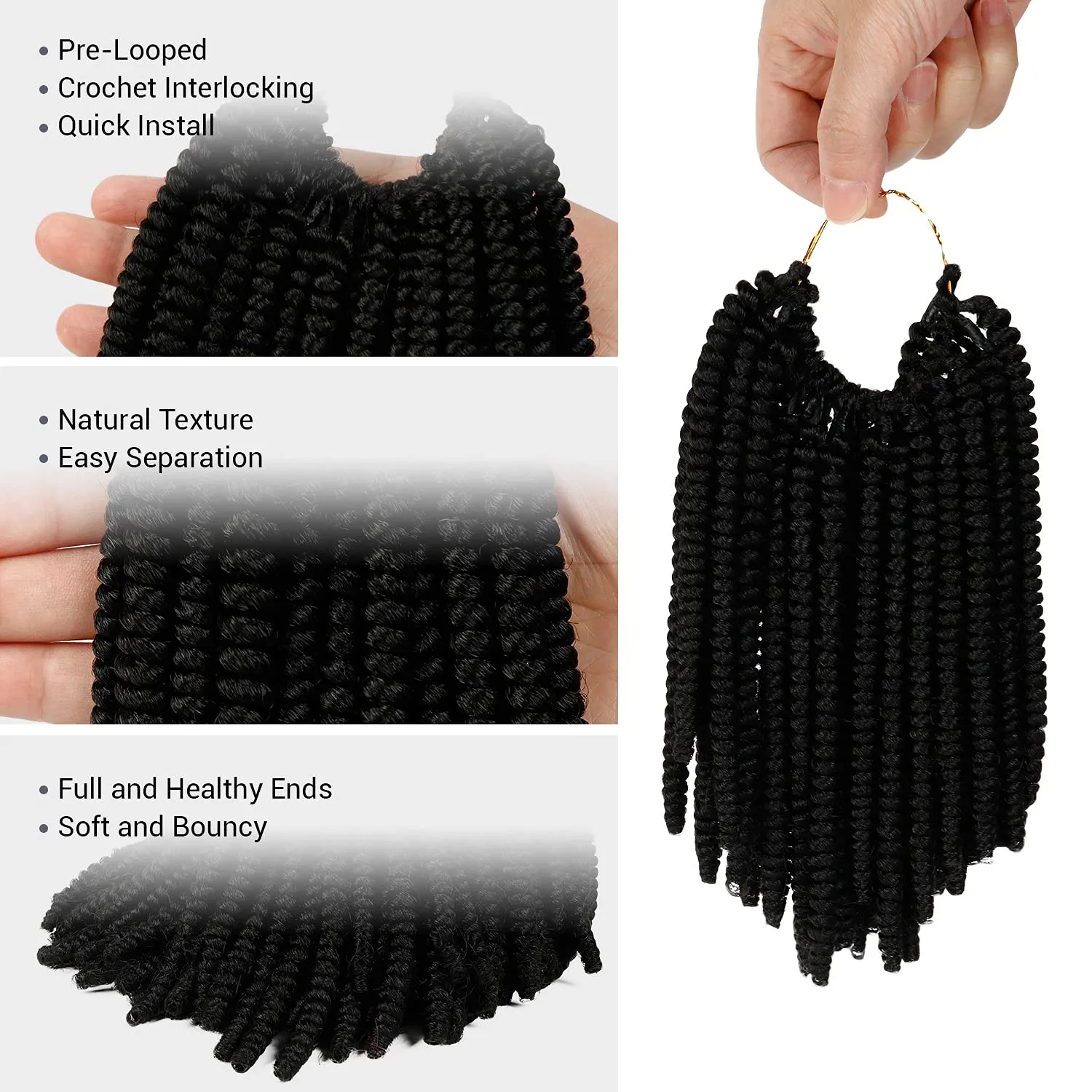 Nubian Twist Crochet Hair, 10 Inch, Pre-Looped Spring Twist, 4 Packs, Curly Hair Extensions for Protective Styles, (1, Jet Black)