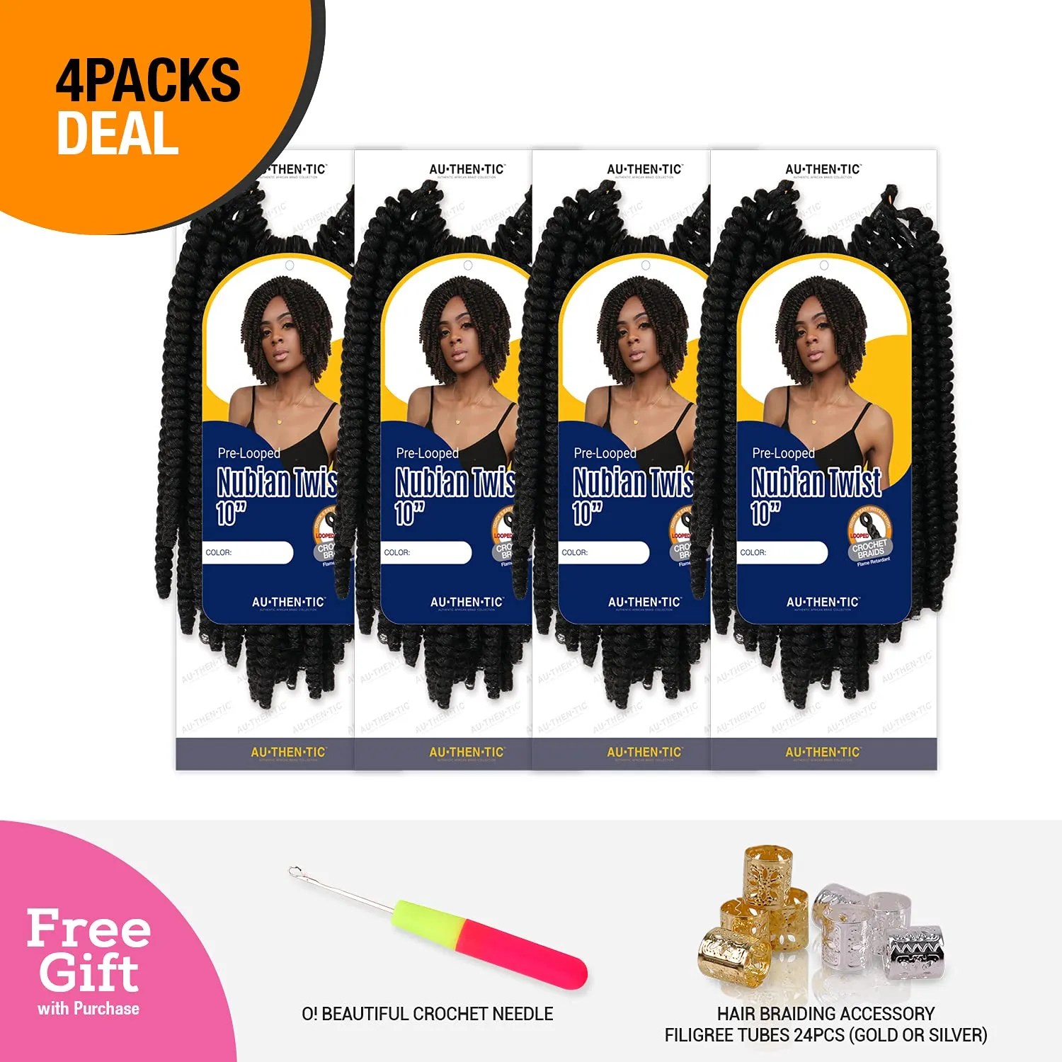 Nubian Twist Crochet Hair, 10 Inch, Pre-Looped Spring Twist, 4 Packs, Curly Hair Extensions for Protective Styles, (1, Jet Black)