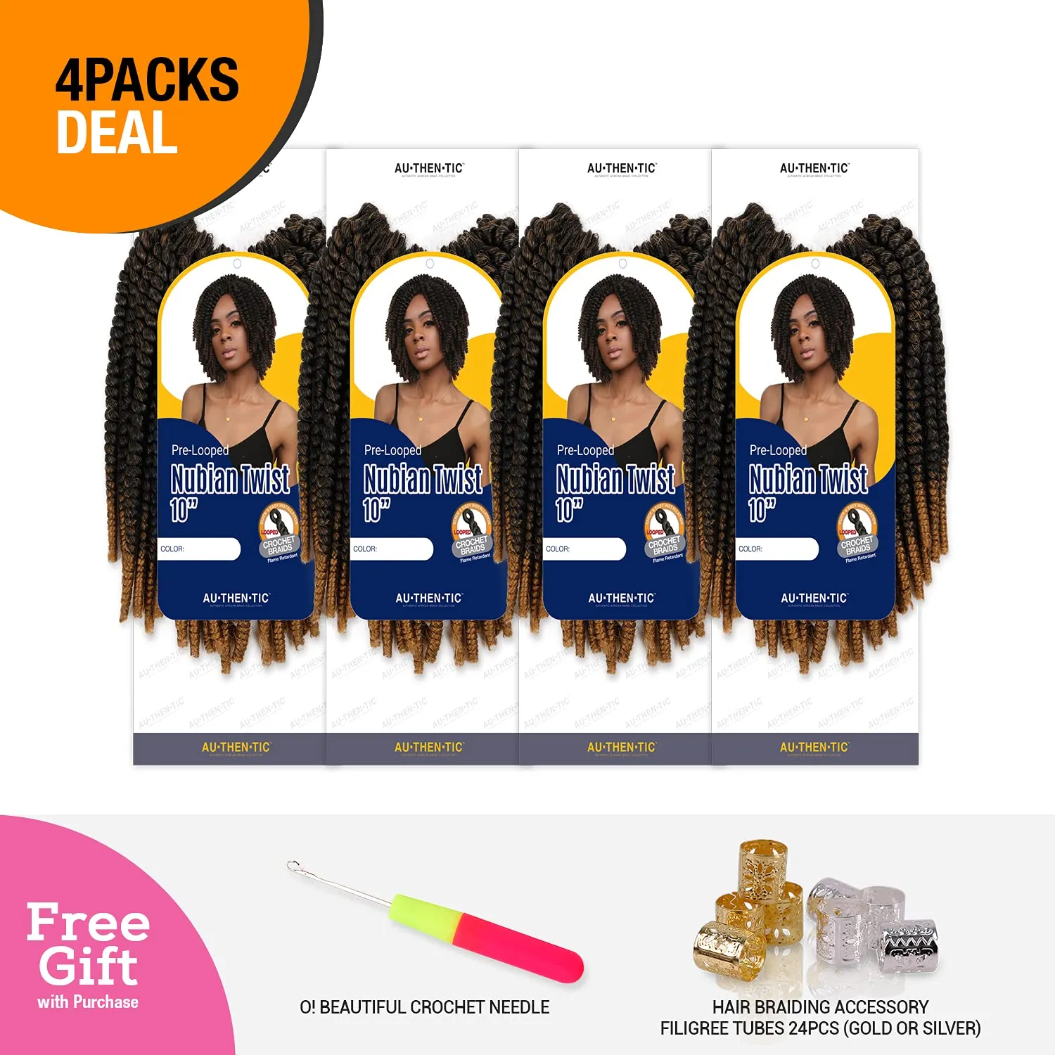 Nubian Twist Crochet Hair, 10 Inch, Pre-Looped Spring Twist, 4 Packs, Curly Hair Extensions for Protective Styles, (T1B/27, Tipped Off Black and Honey Blonde)