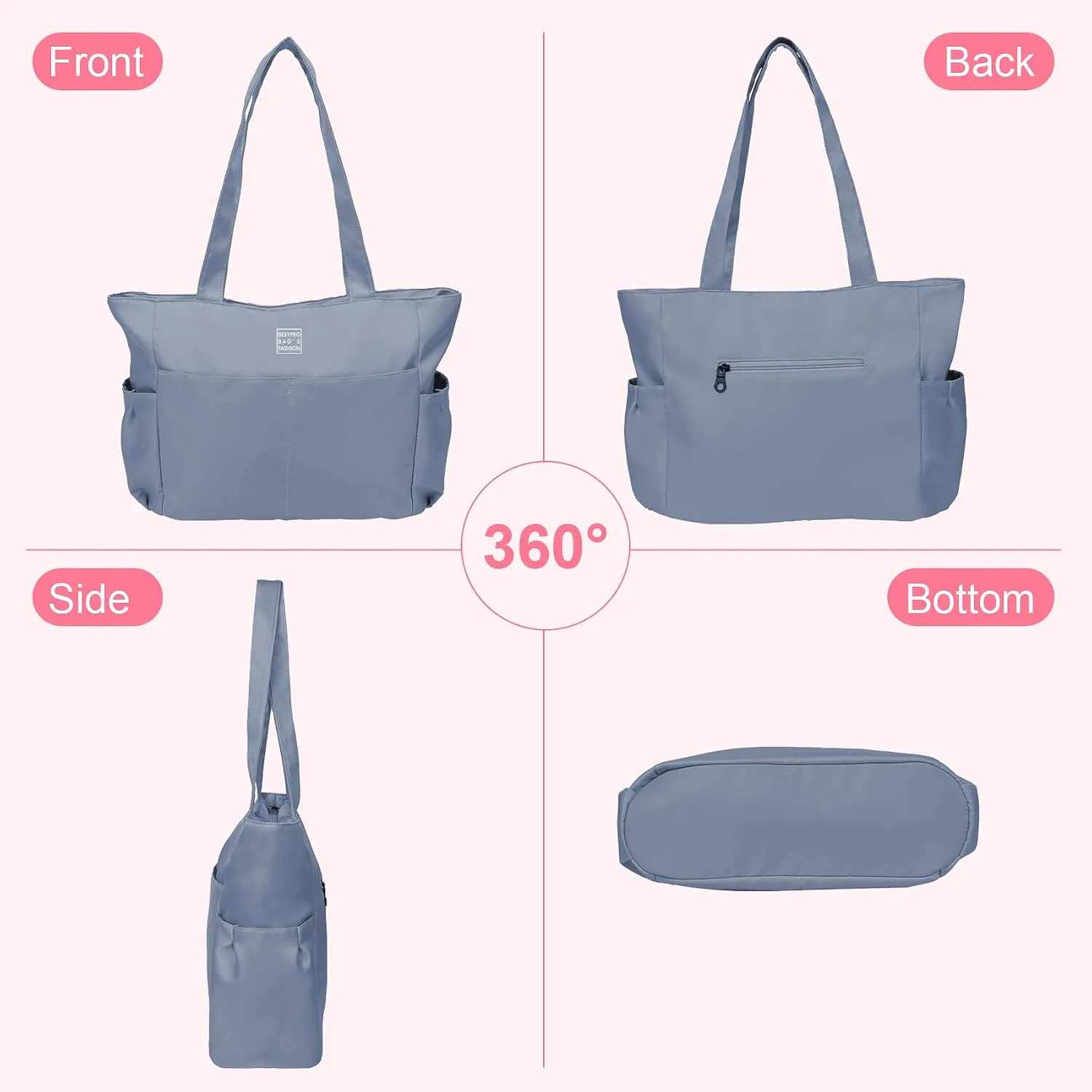 Nylon Tote Bag for Women Multi-pocket Large Shoulder Bag Casual Handbag with Zipper for Wrok Travel College