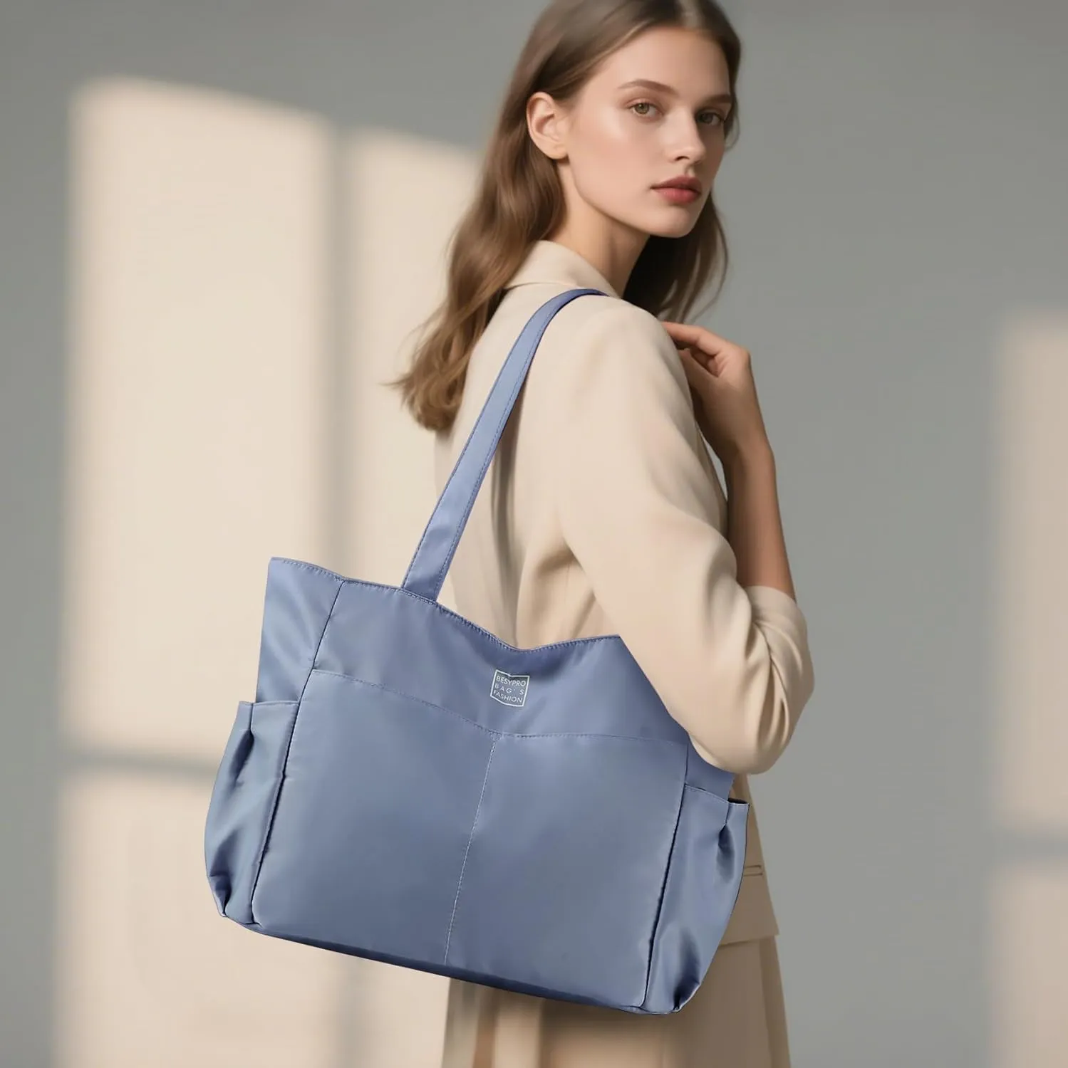 Nylon Tote Bag for Women Multi-pocket Large Shoulder Bag Casual Handbag with Zipper for Wrok Travel College