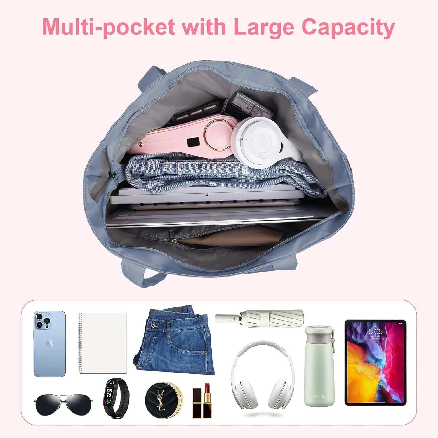 Nylon Tote Bag for Women Multi-pocket Large Shoulder Bag Casual Handbag with Zipper for Wrok Travel College