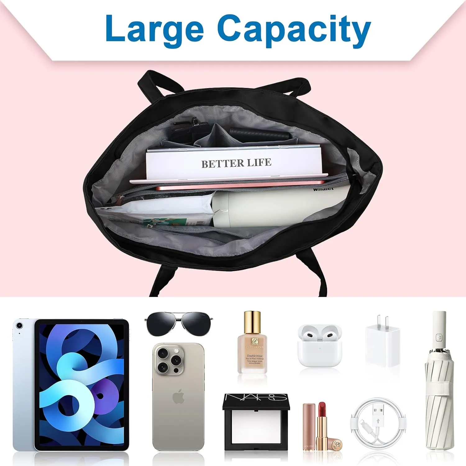 Nylon Tote Bag for Women Multi-pocket Large Shoulder Bag Casual Handbag with Zipper for Wrok Travel College