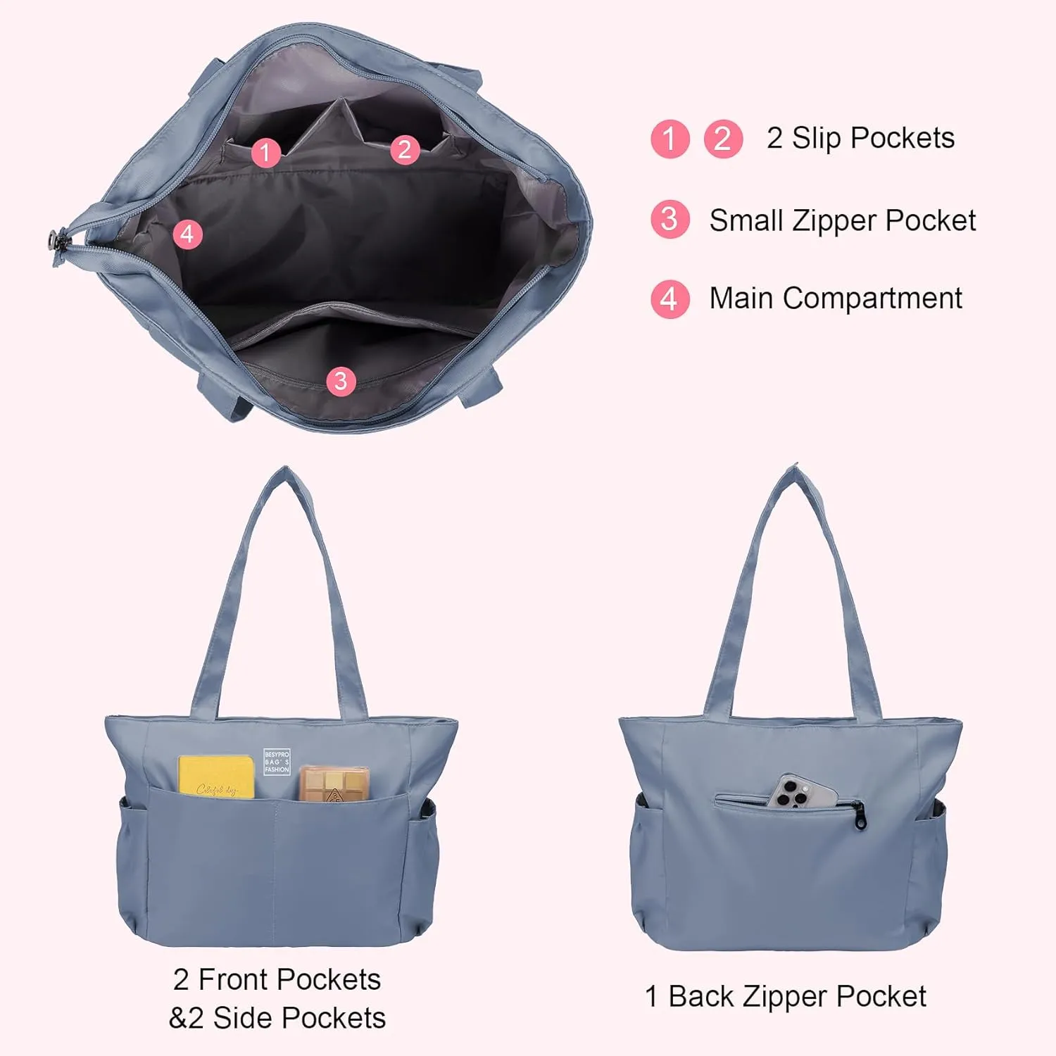 Nylon Tote Bag for Women Multi-pocket Large Shoulder Bag Casual Handbag with Zipper for Wrok Travel College