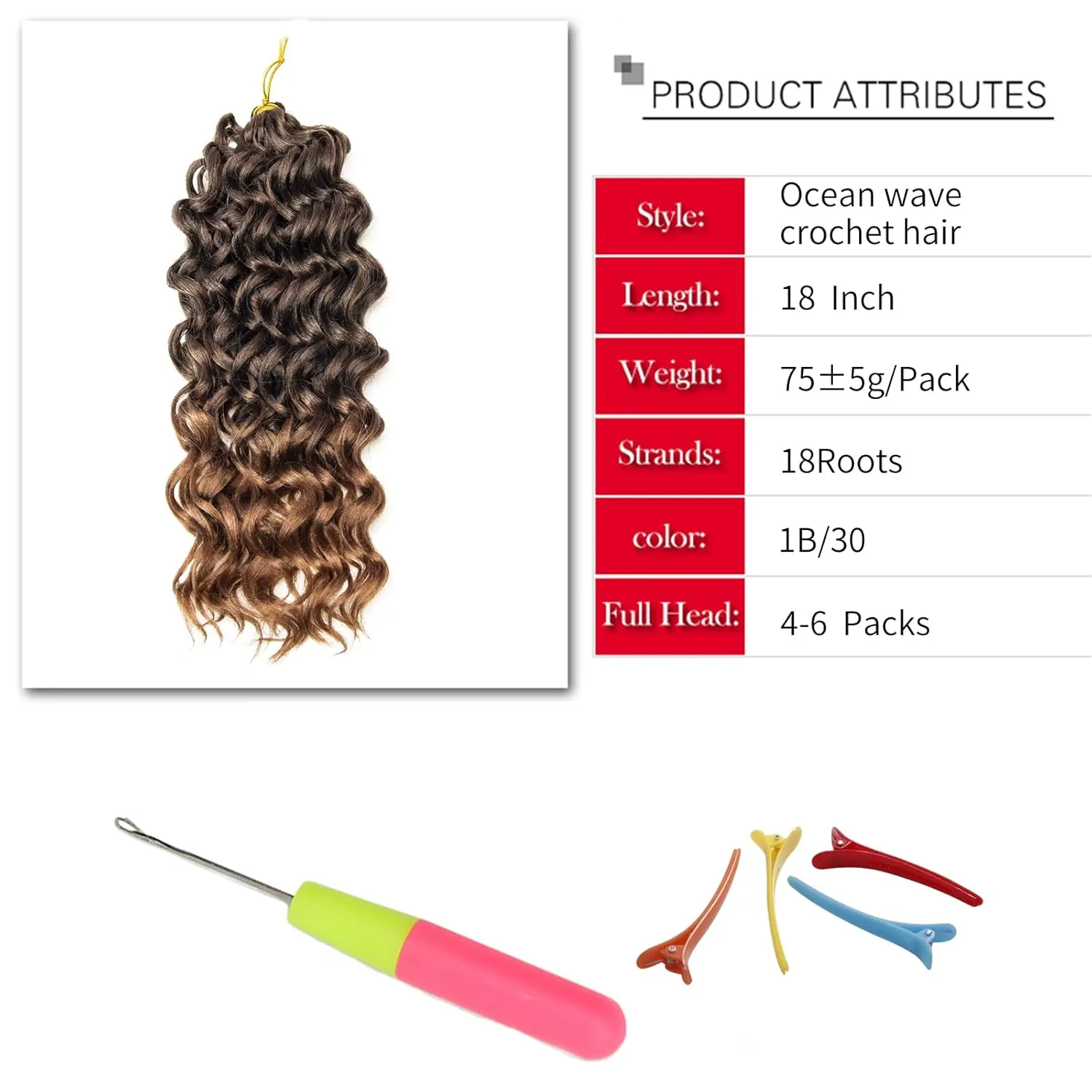 Ocean Wave Crochet Hair 18inch Deep Wave Curly Crochet Hair For Women,Ombre Hawaii Curly Braiding Hair Synthetic Bohemian Crochet Braid Water Wave Crochet hair Extensions (6Packs, 1B/27)