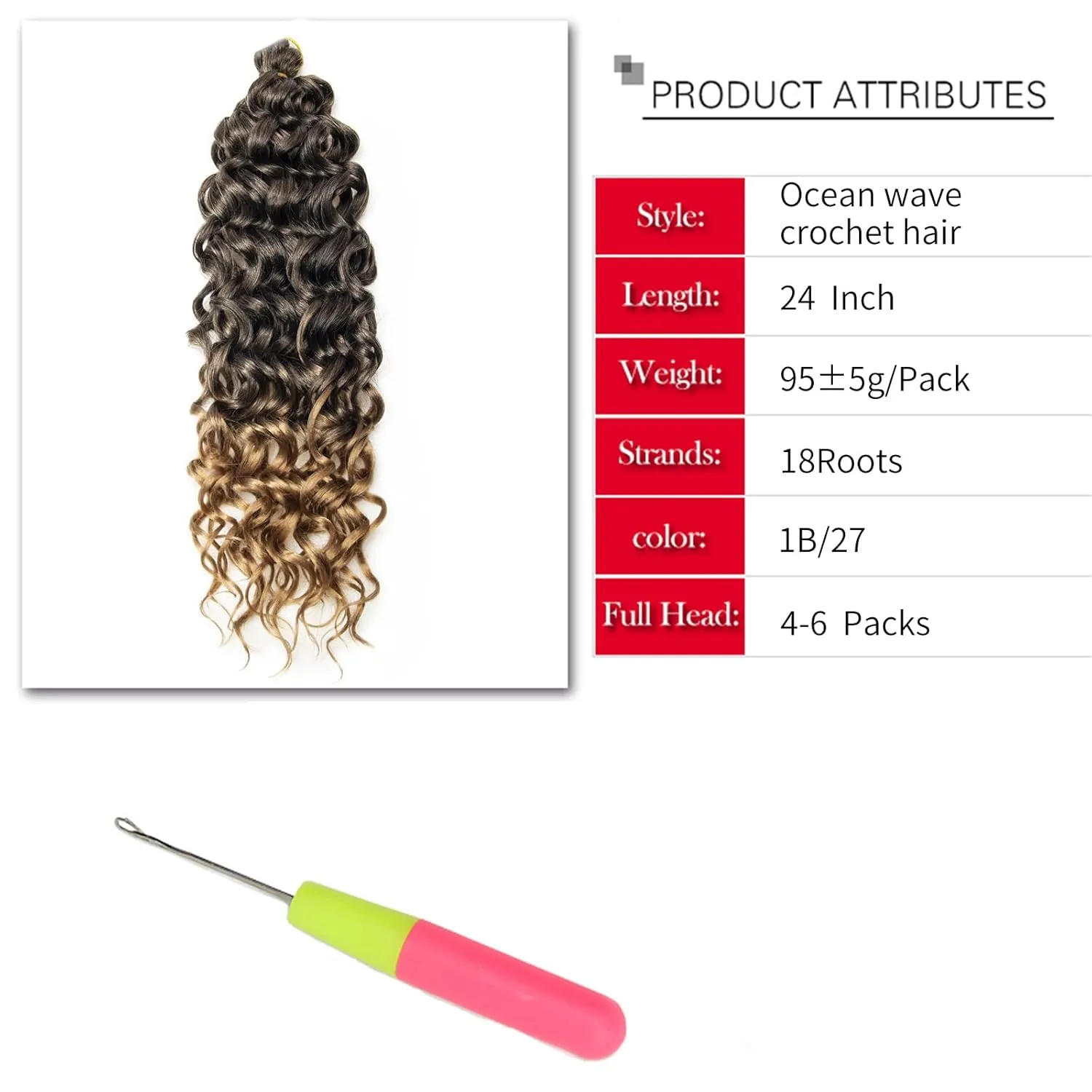 Ocean Wave Crochet Hair 24inch Deep Wave Curly Crochet Hair For Women Hawaii Curly Braiding Hair Synthetic Bohemian Crochet Braid Water Wave Crochet hair Extension (6Packs, T1B/27)