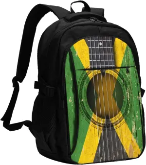 Old Acoustic Guitar With Jamaican Flag Casual Travel Backpacks Hiking Camping Backpack Large Outdoor Sport Daypack Laptop Rucksack Climbing Working Bags with USB Port