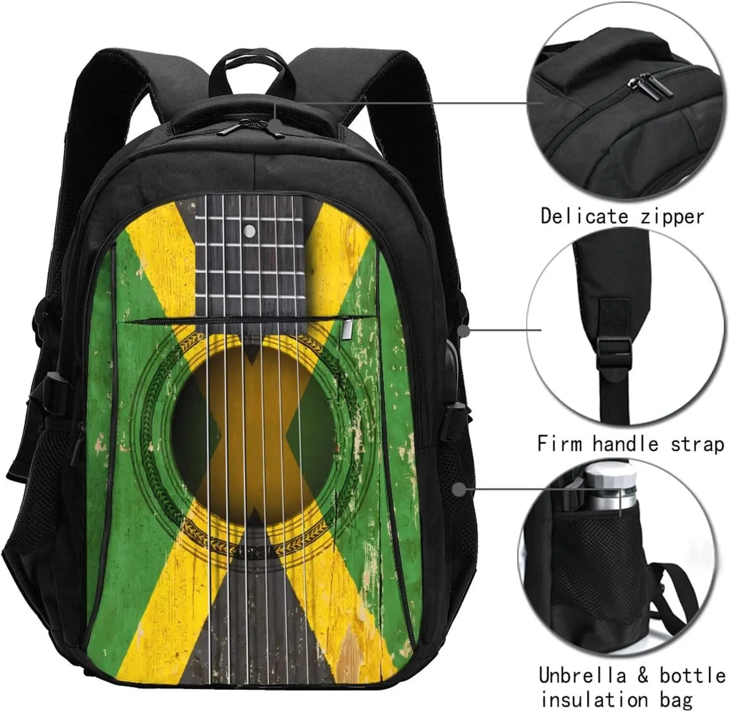 Old Acoustic Guitar With Jamaican Flag Casual Travel Backpacks Hiking Camping Backpack Large Outdoor Sport Daypack Laptop Rucksack Climbing Working Bags with USB Port