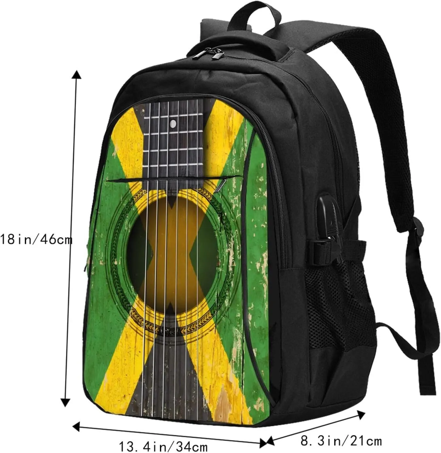 Old Acoustic Guitar With Jamaican Flag Casual Travel Backpacks Hiking Camping Backpack Large Outdoor Sport Daypack Laptop Rucksack Climbing Working Bags with USB Port
