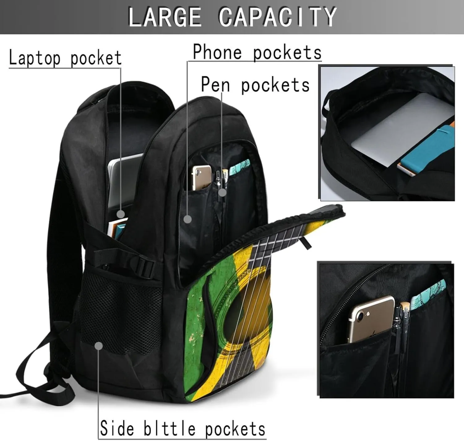 Old Acoustic Guitar With Jamaican Flag Casual Travel Backpacks Hiking Camping Backpack Large Outdoor Sport Daypack Laptop Rucksack Climbing Working Bags with USB Port