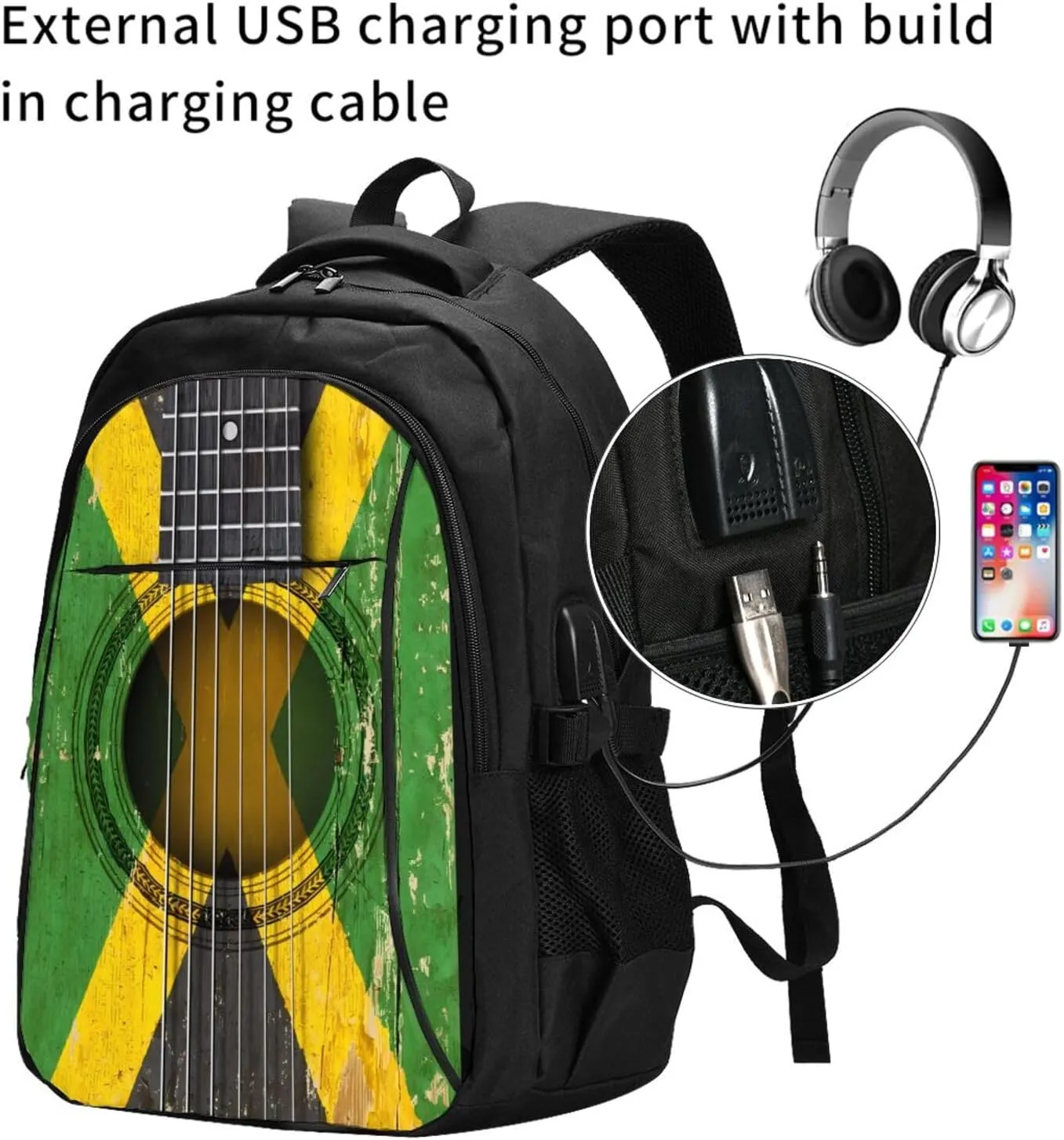 Old Acoustic Guitar With Jamaican Flag Casual Travel Backpacks Hiking Camping Backpack Large Outdoor Sport Daypack Laptop Rucksack Climbing Working Bags with USB Port