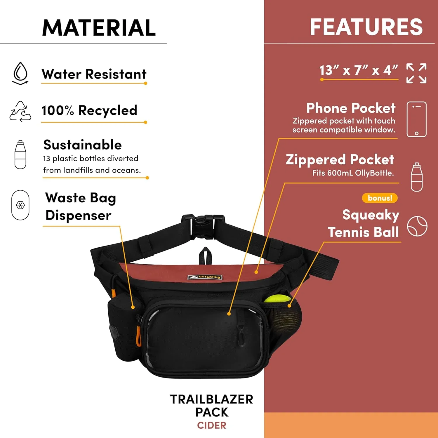OllyDog Trailblazer Pack | Fanny Pack | Dog Treat Pouch | Includes Rubber Fetch Ball | Water-Resistant | Poop Bag Dispenser | Hands-Free | Dog Walking & Training