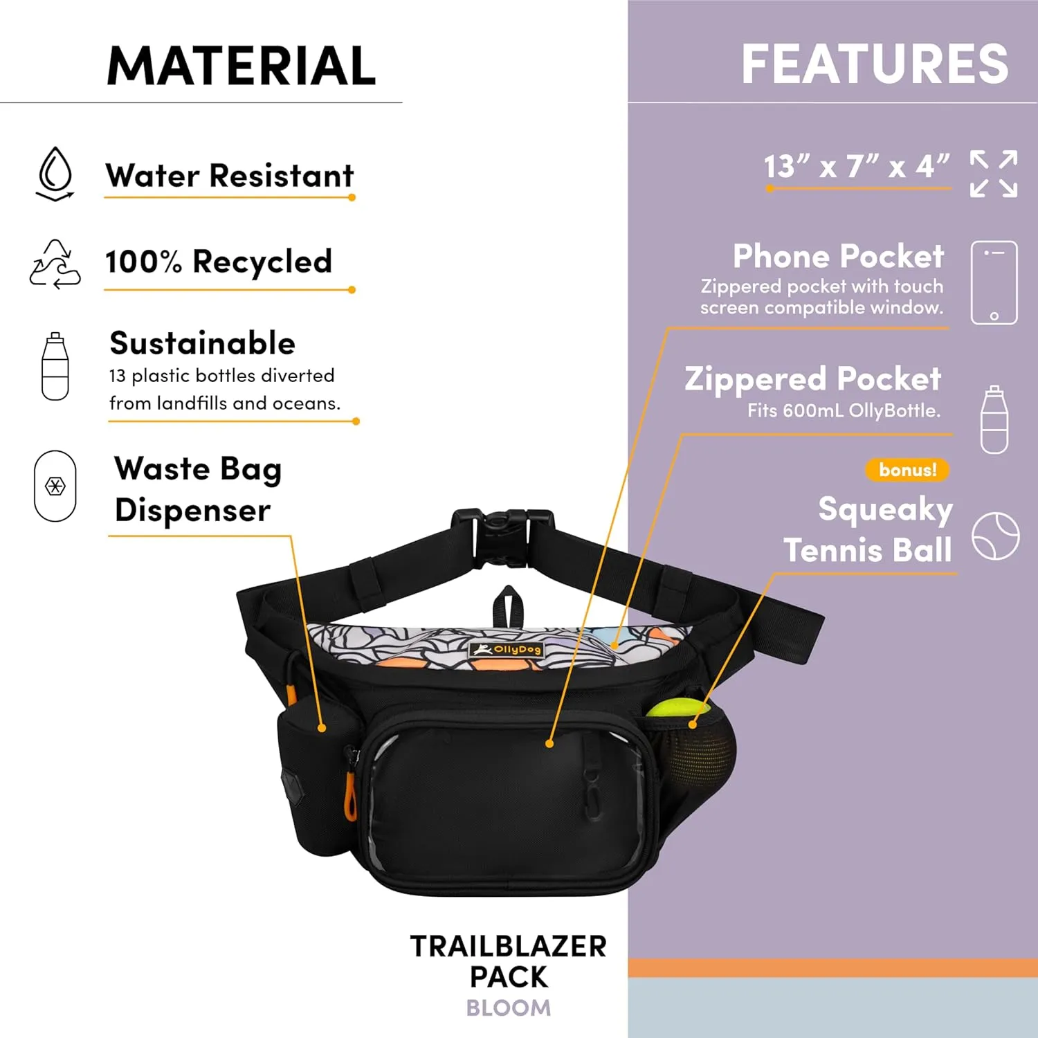 OllyDog Trailblazer Pack | Fanny Pack | Dog Treat Pouch | Includes Rubber Fetch Ball | Water-Resistant | Poop Bag Dispenser | Hands-Free | Dog Walking & Training