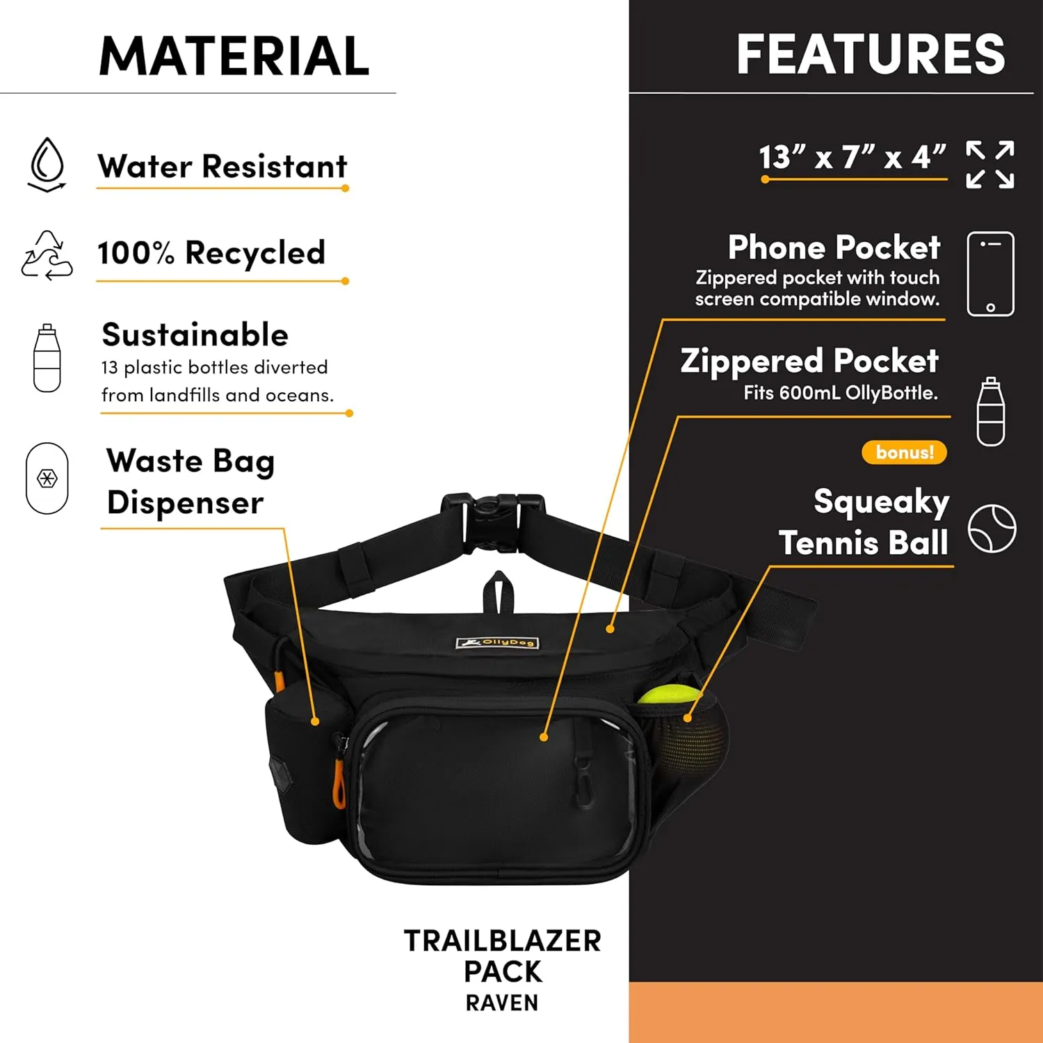 OllyDog Trailblazer Pack | Fanny Pack | Dog Treat Pouch | Includes Rubber Fetch Ball | Water-Resistant | Poop Bag Dispenser | Hands-Free | Dog Walking & Training
