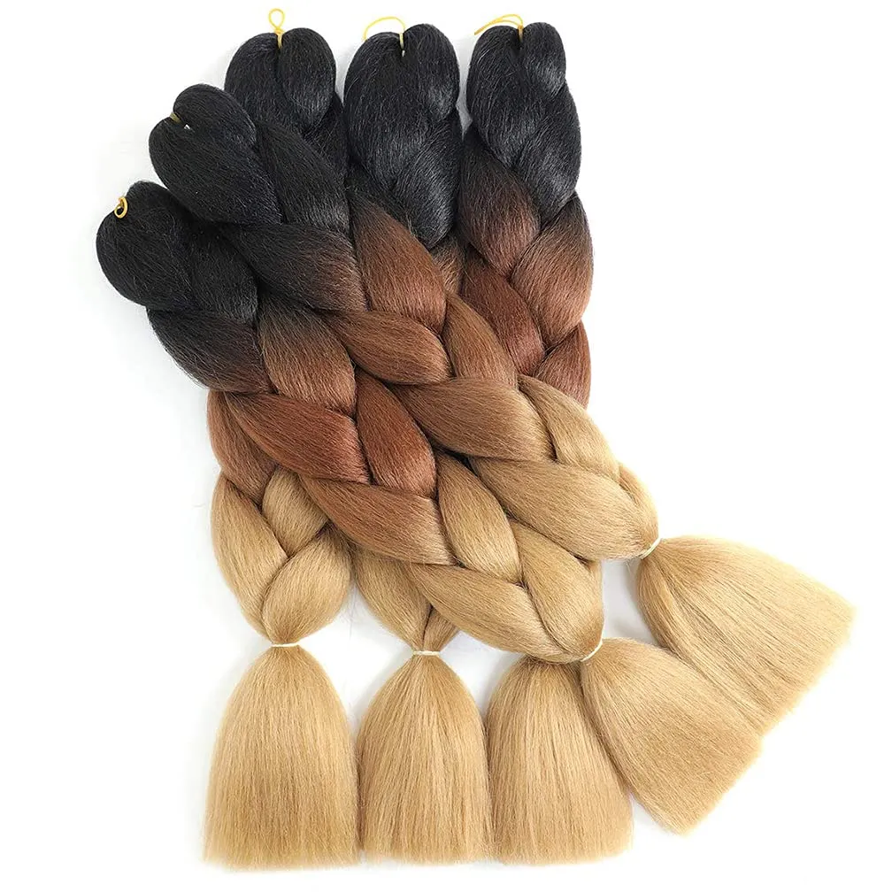 Ombre Braiding Hair 6 Packs 24 Inch Ombre Jumbo Braiding Hair Synthetic Braids Hair Extensions (Black/Dark Brown/Light Brown)