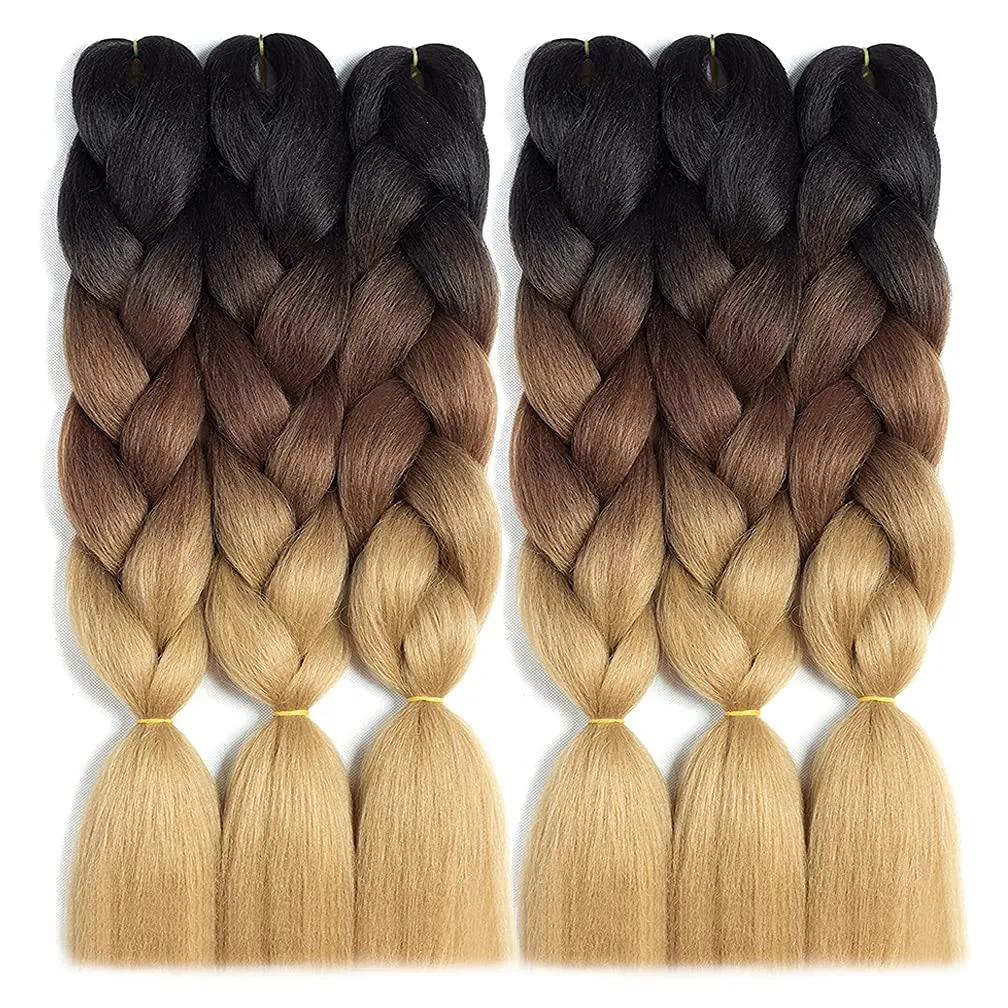 Ombre Braiding Hair 6 Packs 24 Inch Ombre Jumbo Braiding Hair Synthetic Braids Hair Extensions (Black/Dark Brown/Light Brown)