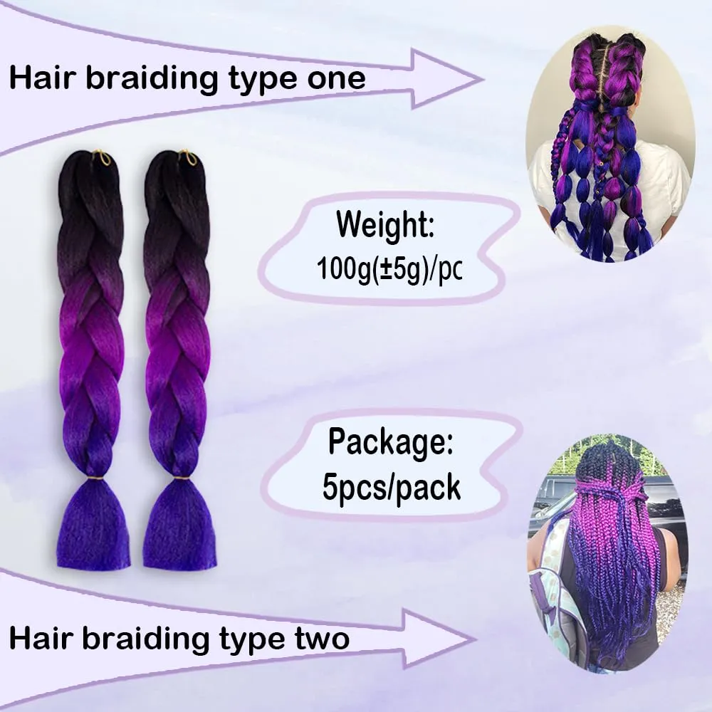 Ombre Braiding hair synthetic Crochet braids twist 24inch 5pcs/lot 100g Ombre two three tone Jumbo braid hair extensions Dreadlocks (black-purple-blue)