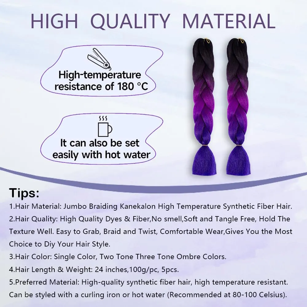Ombre Braiding hair synthetic Crochet braids twist 24inch 5pcs/lot 100g Ombre two three tone Jumbo braid hair extensions Dreadlocks (black-purple-blue)