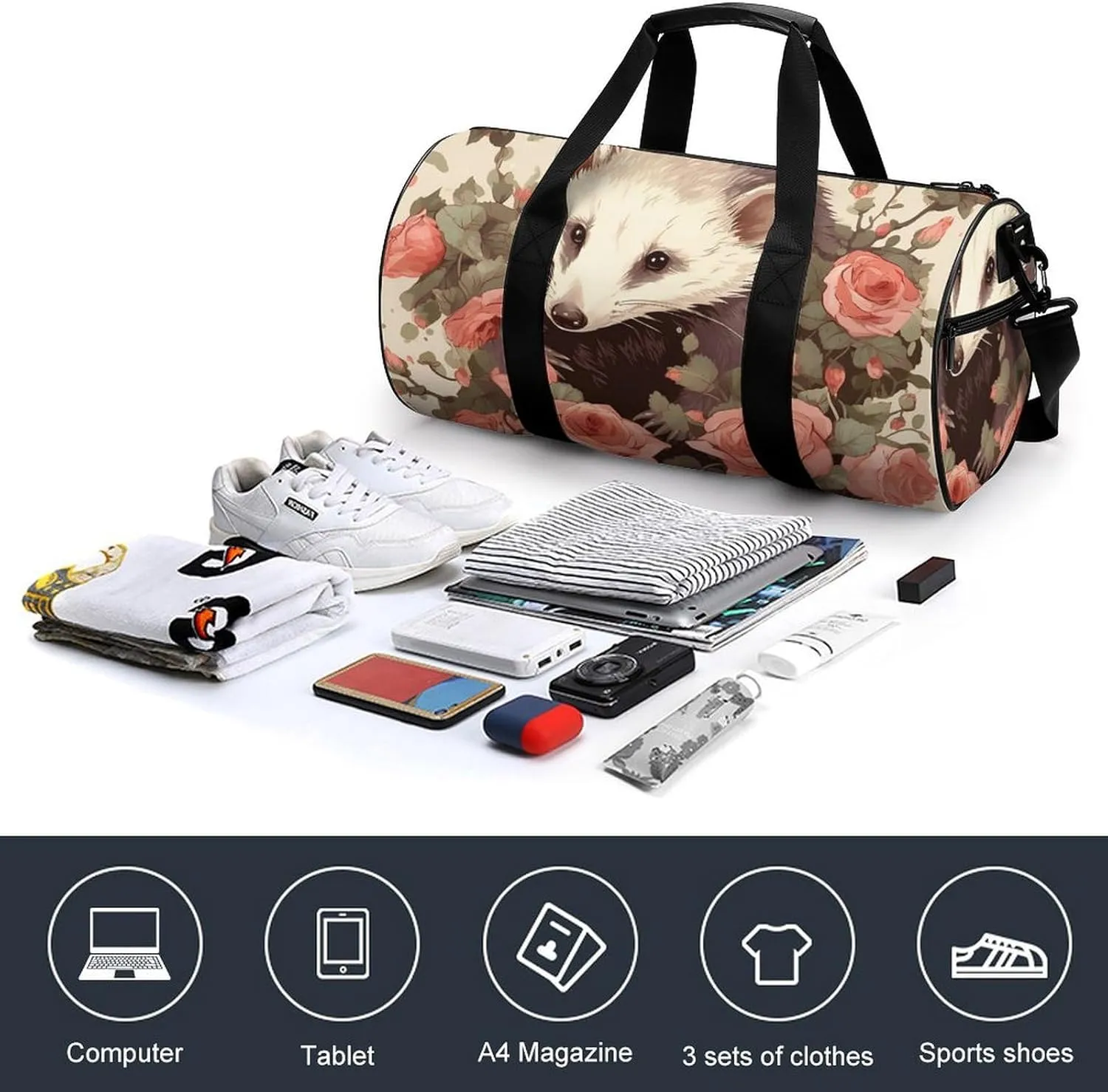 Opossum And Roses Gym Bag Small Travel Duffle Bag with Compartment Carry On Weekender Bag for Women Men