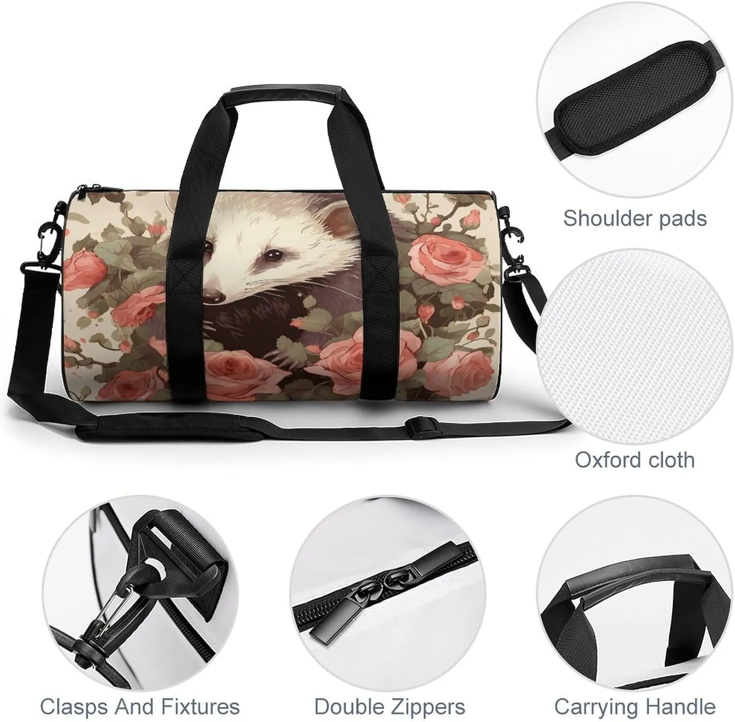 Opossum And Roses Gym Bag Small Travel Duffle Bag with Compartment Carry On Weekender Bag for Women Men
