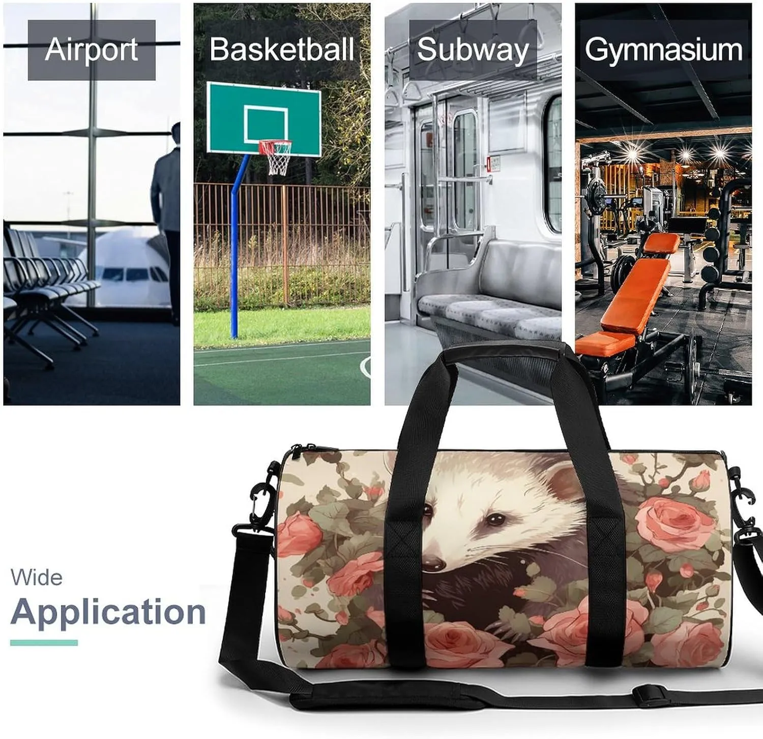 Opossum And Roses Gym Bag Small Travel Duffle Bag with Compartment Carry On Weekender Bag for Women Men