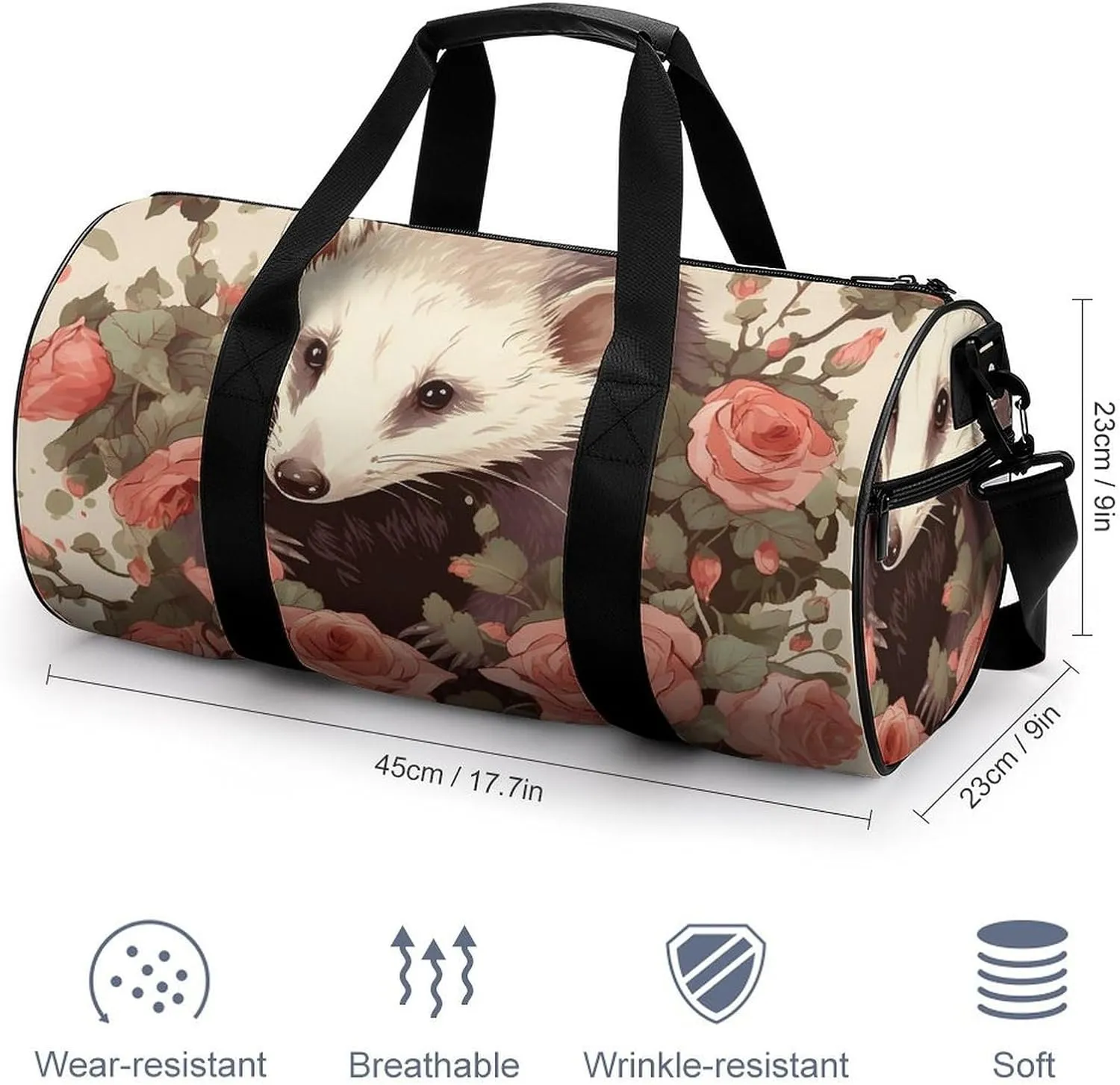 Opossum And Roses Gym Bag Small Travel Duffle Bag with Compartment Carry On Weekender Bag for Women Men