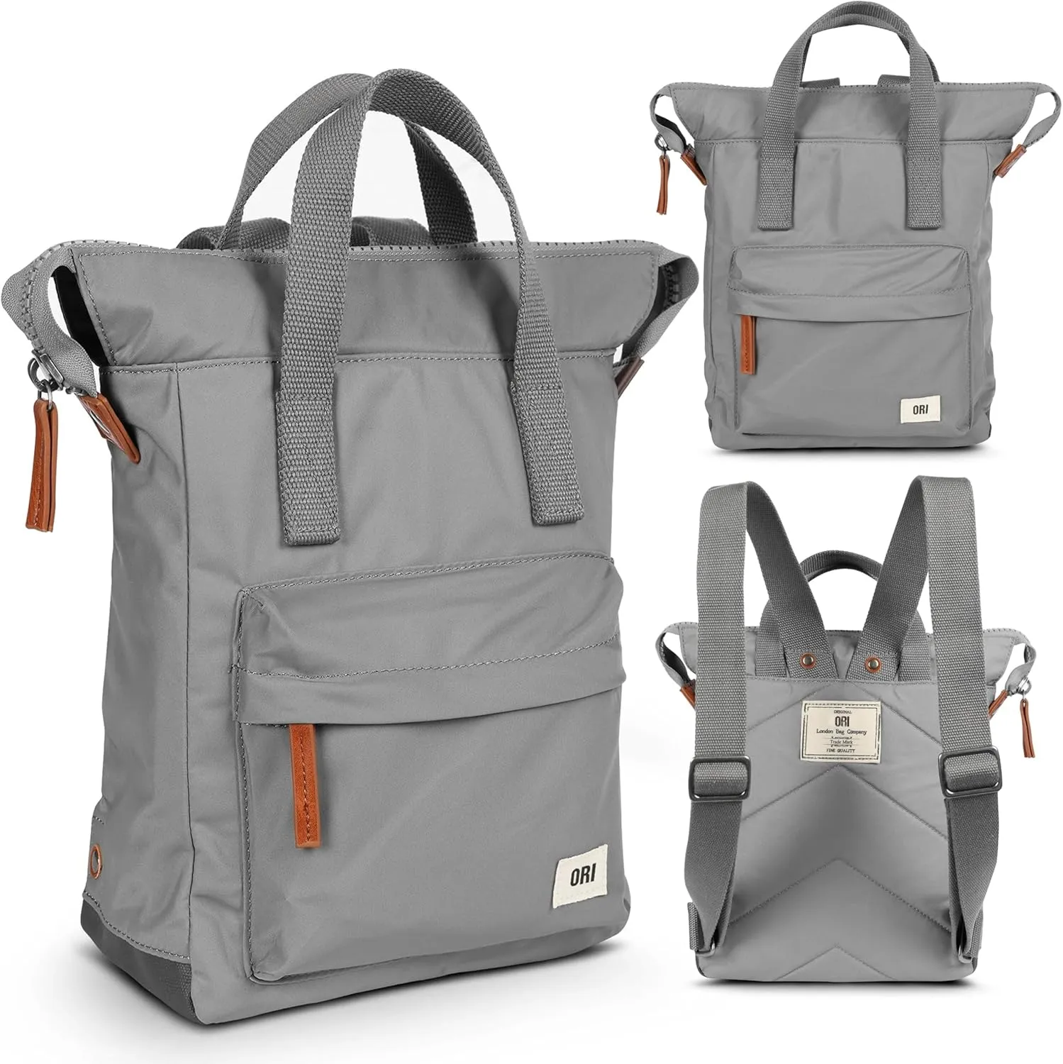 ORI LONDON Small Tote Bag Backpack - Nylon Tote Backpack for Women & Men - Wide Mouth, Chunky Zippers - The Bantry, Stormy Grey