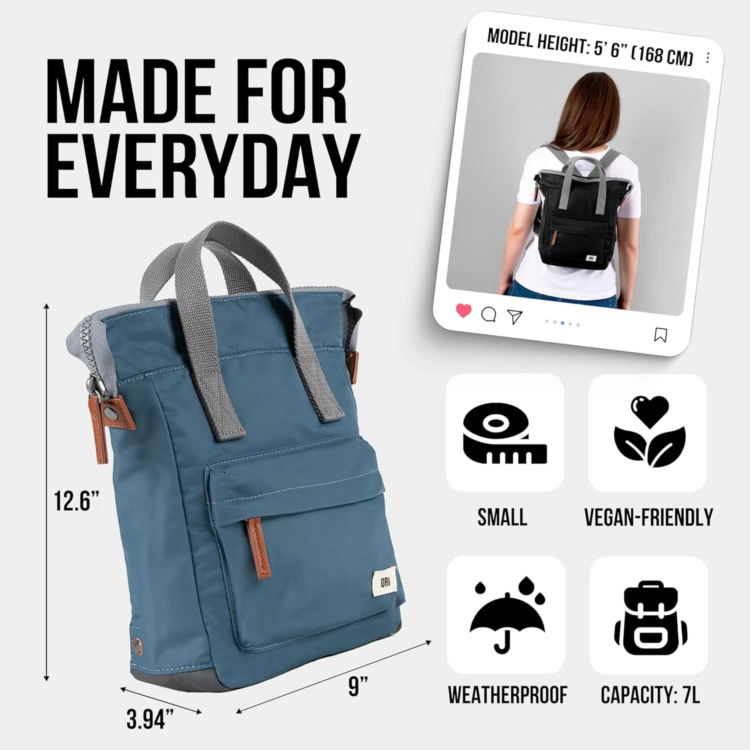 ORI LONDON Small Tote Bag Backpack - Nylon Tote Backpack for Women & Men - Wide Mouth, Chunky Zippers - The Bantry, Stormy Grey