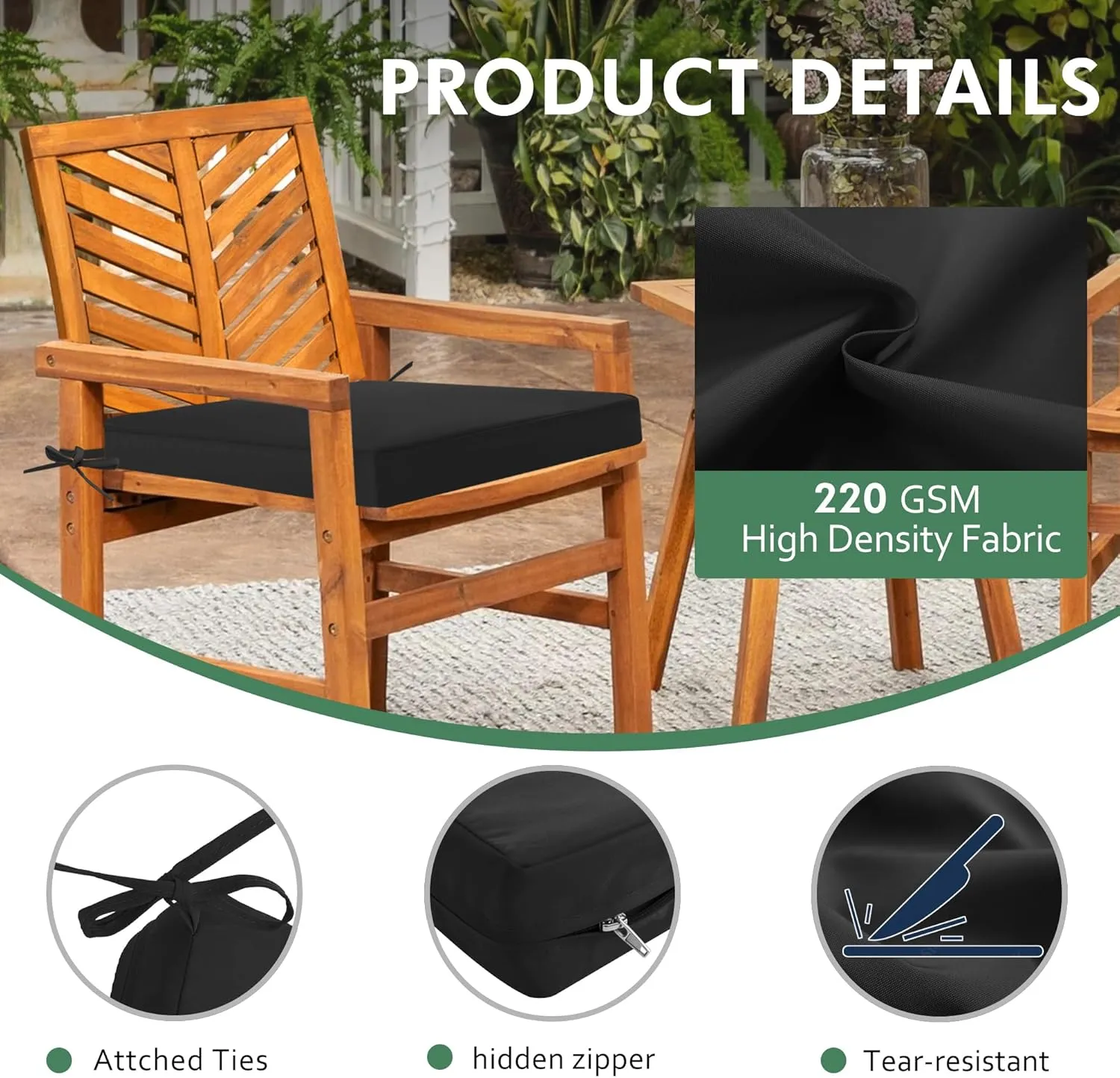 Outdoor Chair Cushions Set of 4: Waterproof & Fade Resistant Seat Cushion for Patio Furniture - 18.5 x 16 x 2 Inch Chair Pads with Ties and Hidden Zipper - Patio Chair Cushion Replacement, Black
