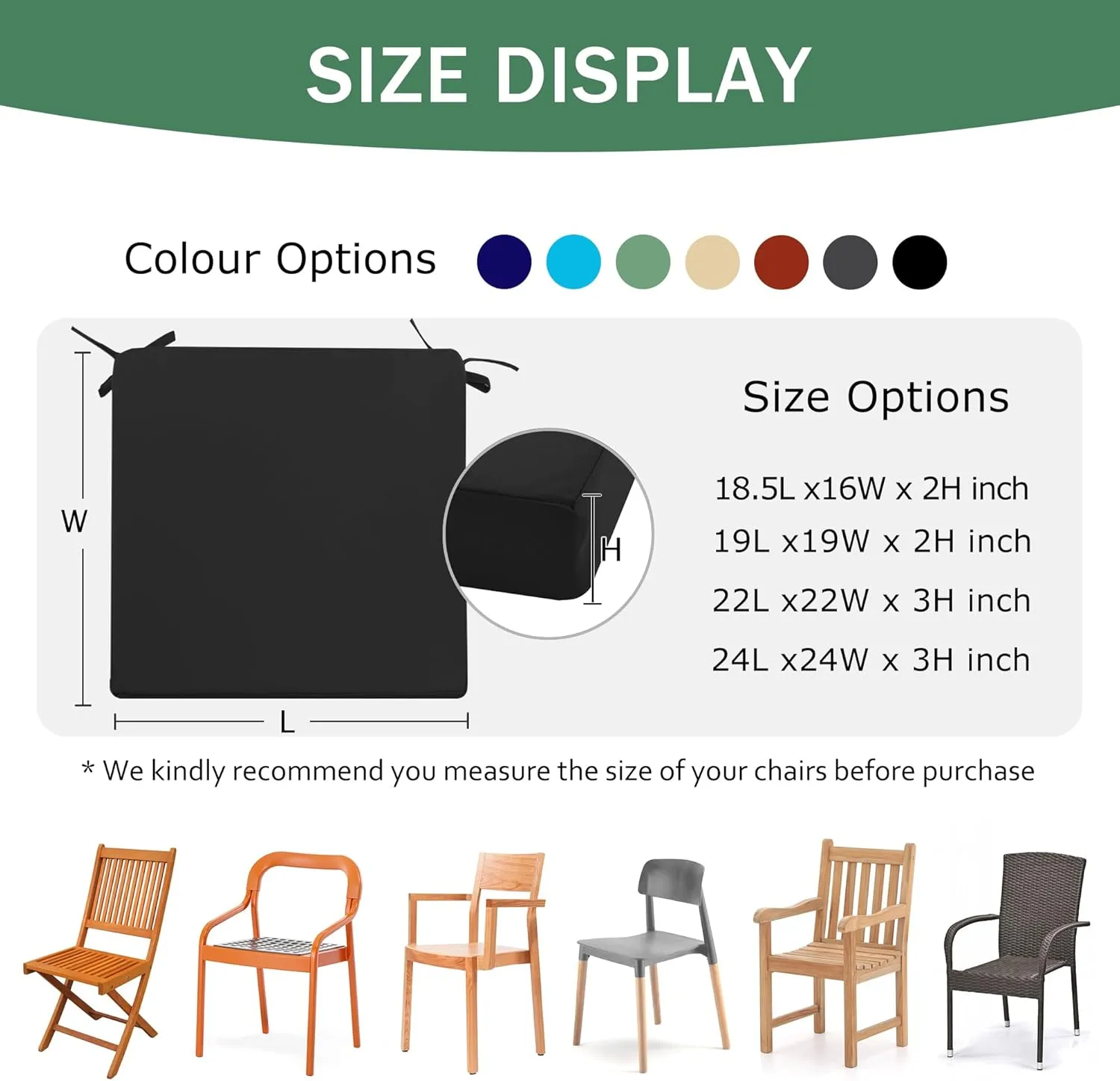 Outdoor Chair Cushions Set of 4: Waterproof & Fade Resistant Seat Cushion for Patio Furniture - 18.5 x 16 x 2 Inch Chair Pads with Ties and Hidden Zipper - Patio Chair Cushion Replacement, Black