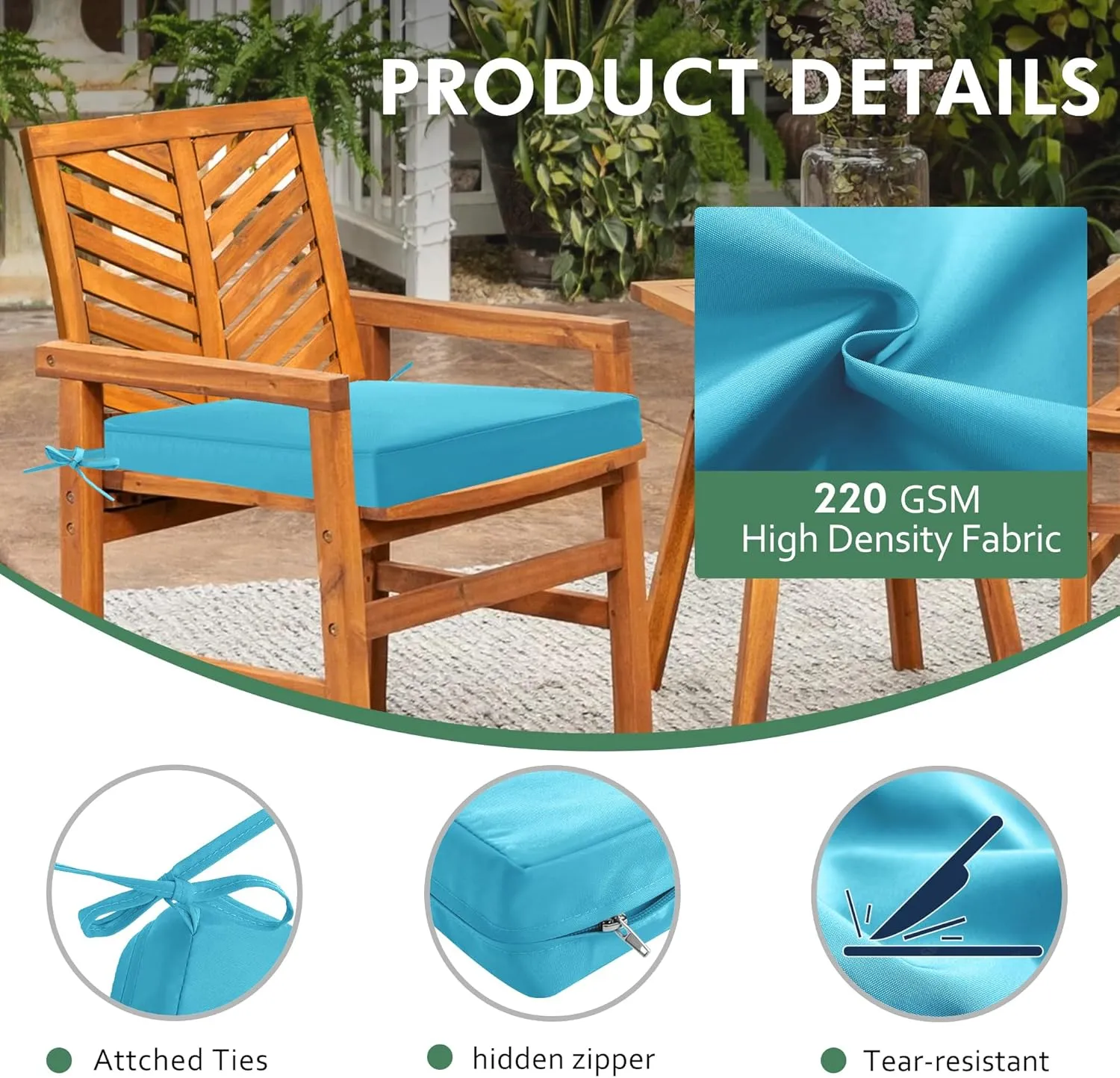 Outdoor Chair Cushions Set of 4: Waterproof & Fade Resistant Seat Cushion for Patio Furniture - 18.5 x 16 x 2 Inch Chair Pads with Ties and Hidden Zipper - Patio Chair Cushion Replacement, Teal